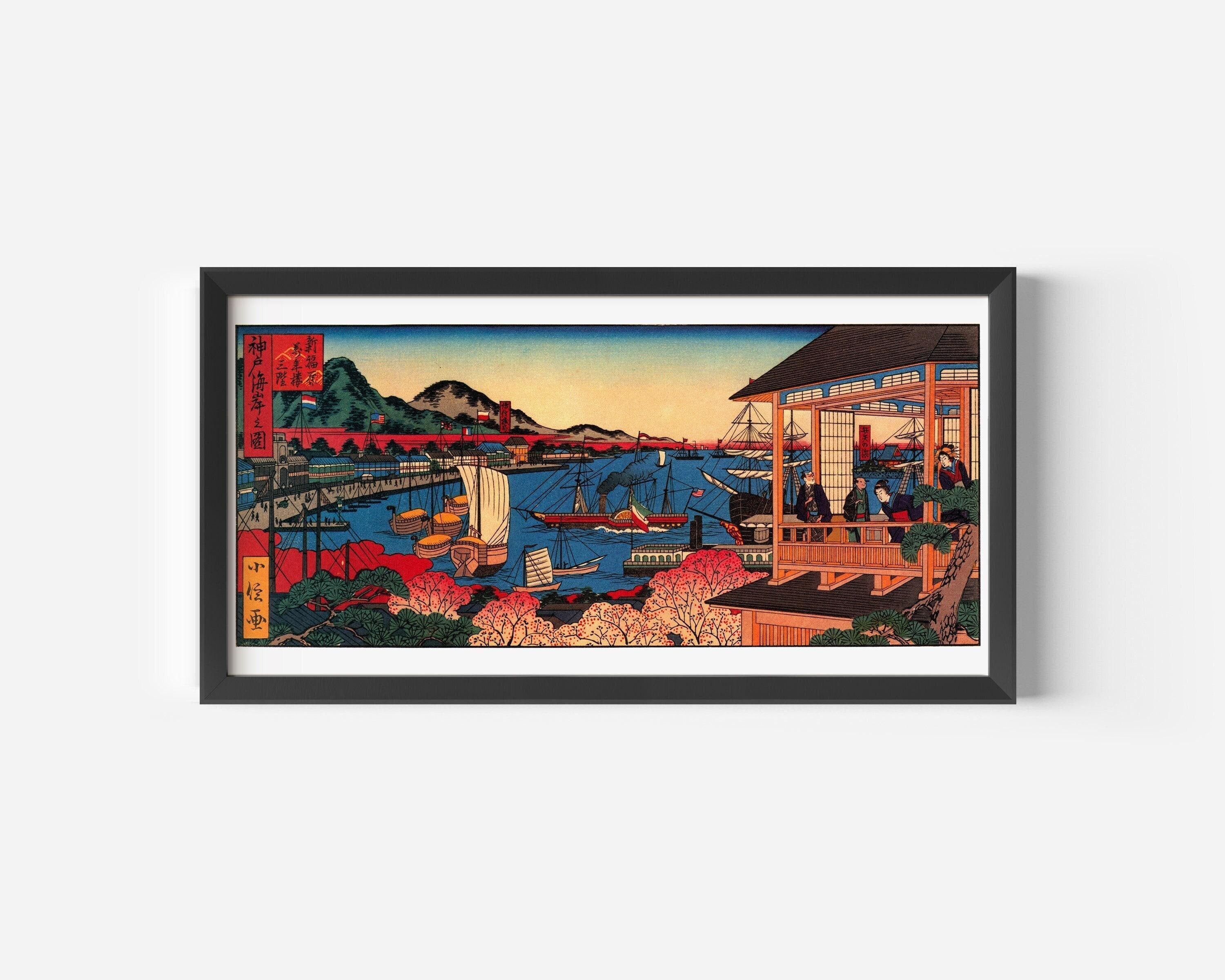 Sadanobu Hasegawa – Illustration of the Kobe Coast | PREMIUM GICLÉE PRINT | Vintage Japanese Wide Panoramic Art (available handframed) 2x1 - 9ArtPrints
