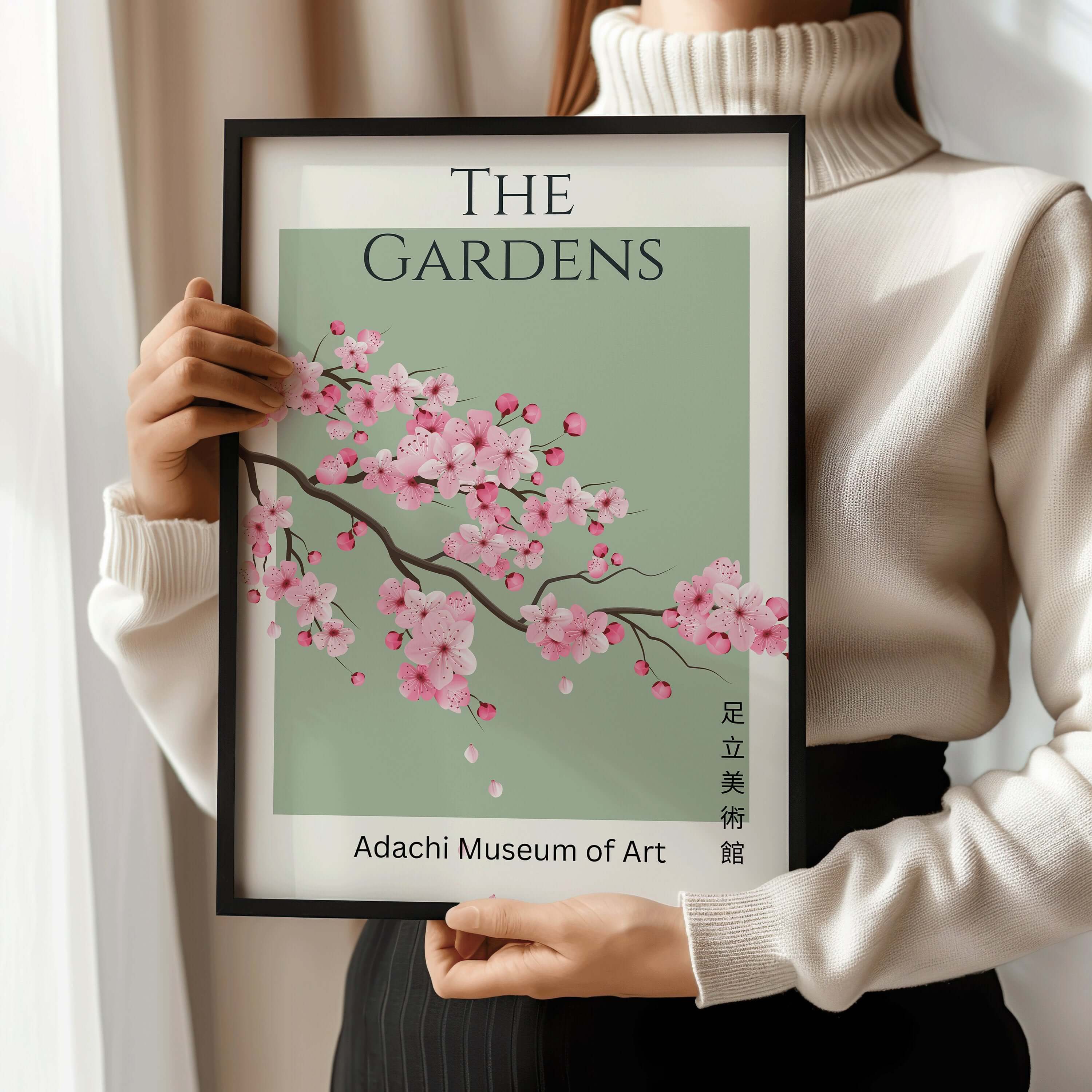 Sakura Museum Exhibition Poster | Cherry Blossoms with Emerald Green Background (available framed ready to hang or unframed) - 9ArtPrints