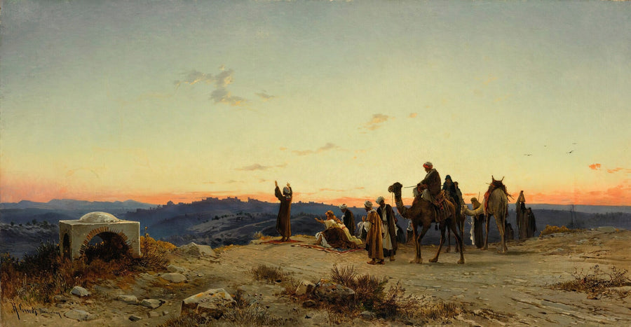 Salomon Corrodi — A Prayer Before Jerusalem | Orientalist Landscape Print shown to scale on a wall above a sofa