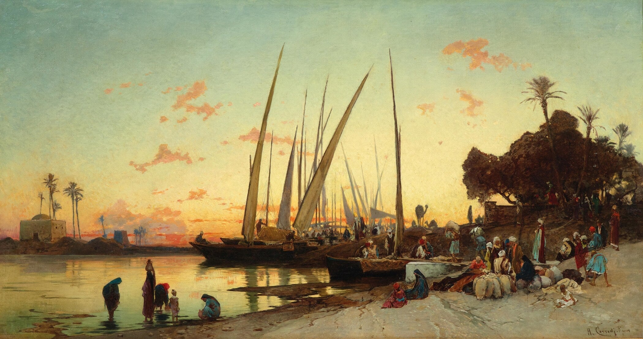 Salomon Corrodi — Feluccas on the Nile | Orientalist Panoramic Print - 9ArtPrints