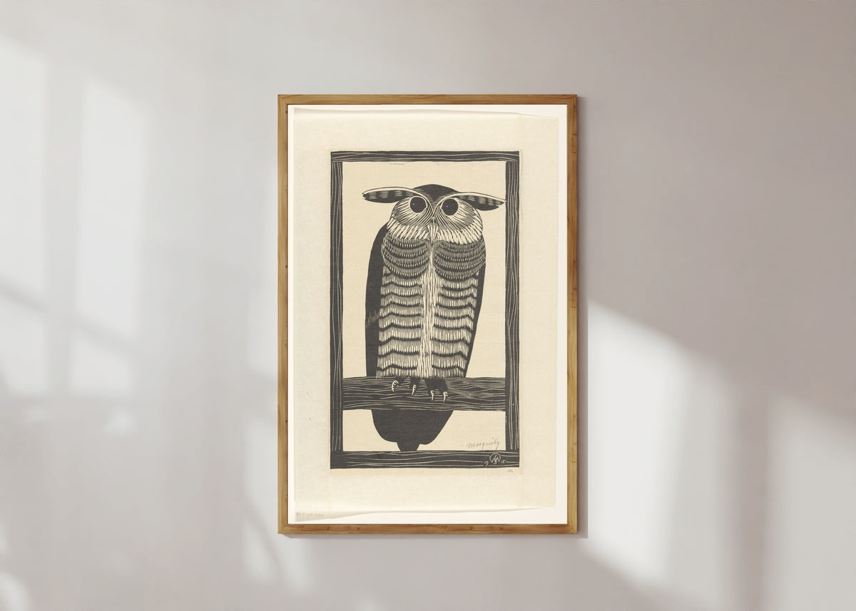 Framed art print of Hoornuil [Long-eared owl] by Samuel Jessurun de Mesquita, in a light wood frame on a sunlit white wall