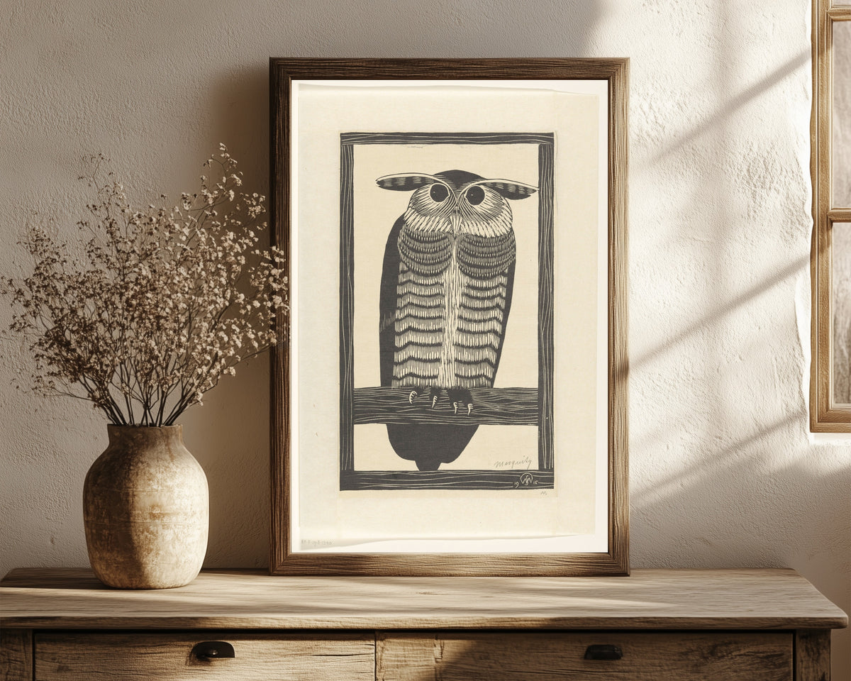Framed art print of Hoornuil [Long-eared owl] by Samuel Jessurun de Mesquita, in a dark wood frame leaning on a rustic console beside dried flowers