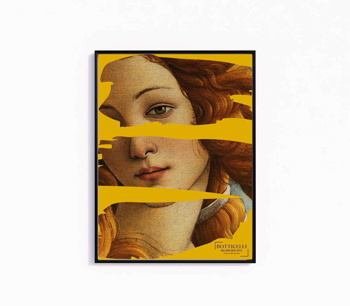 Framed art print of The Birth of Venus (Detail) by Sandro Botticelli, in a slim black frame on a plain white wall