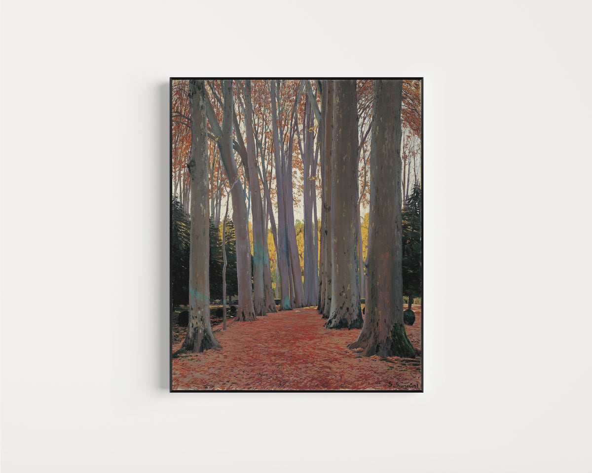 Framed art print of Avenue of Plane Trees by Santiago Rusiñol, in a slim black frame on a plain white wall