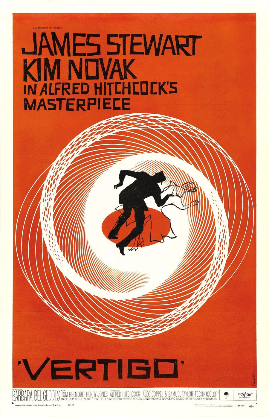 Saul Bass — Vertigo (1958) | Hitchcock Vintage Movie Poster Print shown to scale on a wall above a sofa