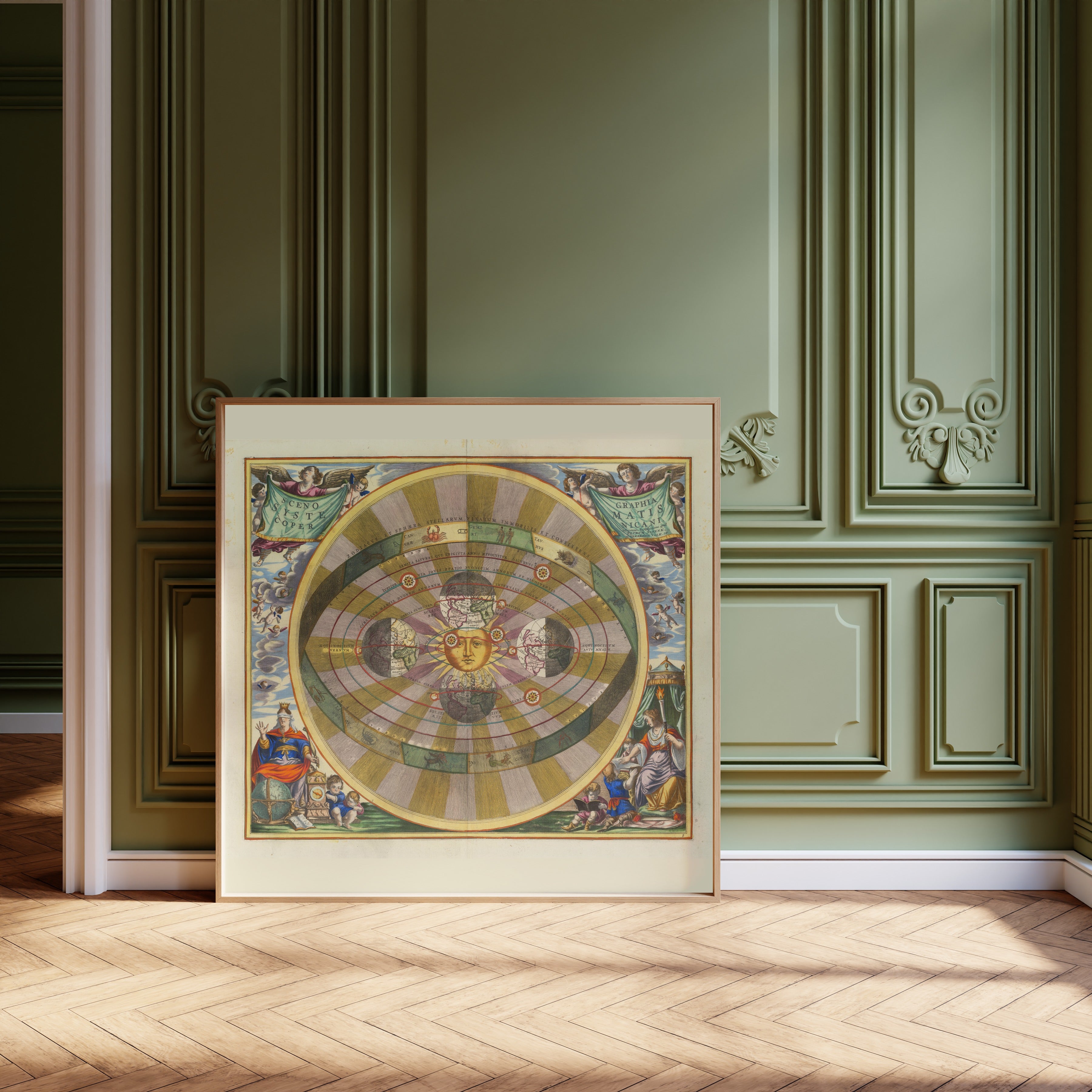 Andreas Cellarius — A Scenographic View of the Copernican System (Plate 5, Olive Colouring) | Celestial Map Print