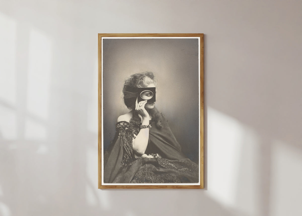Framed art print of Scherzo di Follia by Pierre-Louis Pierson, in a light wood frame on a sunlit white wall