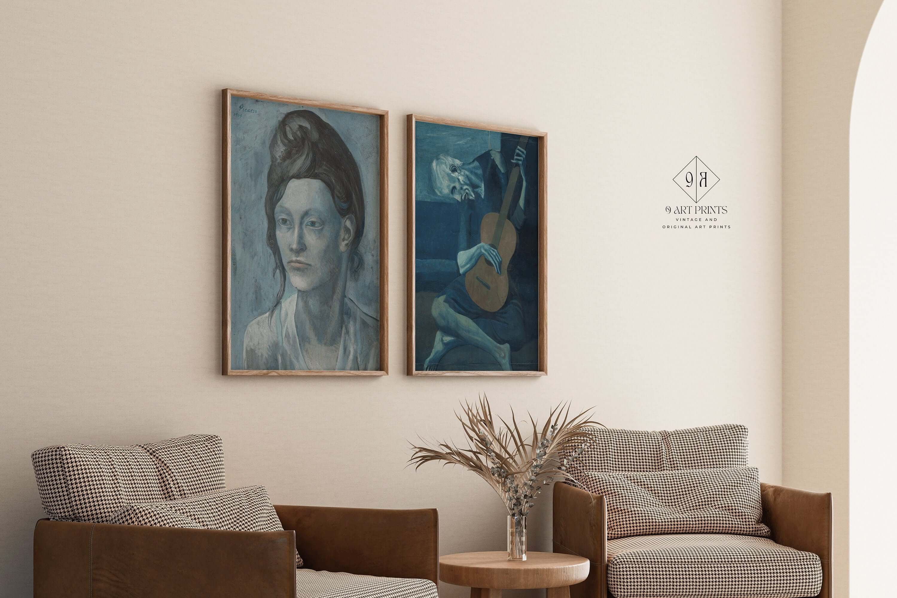 Set of 2 Art Pablo Picasso Prints - Woman with a Helmet of Hair and The Old Guitarist | Blue Gallery Wall Art (available framed or unframed) - 9ArtPrints