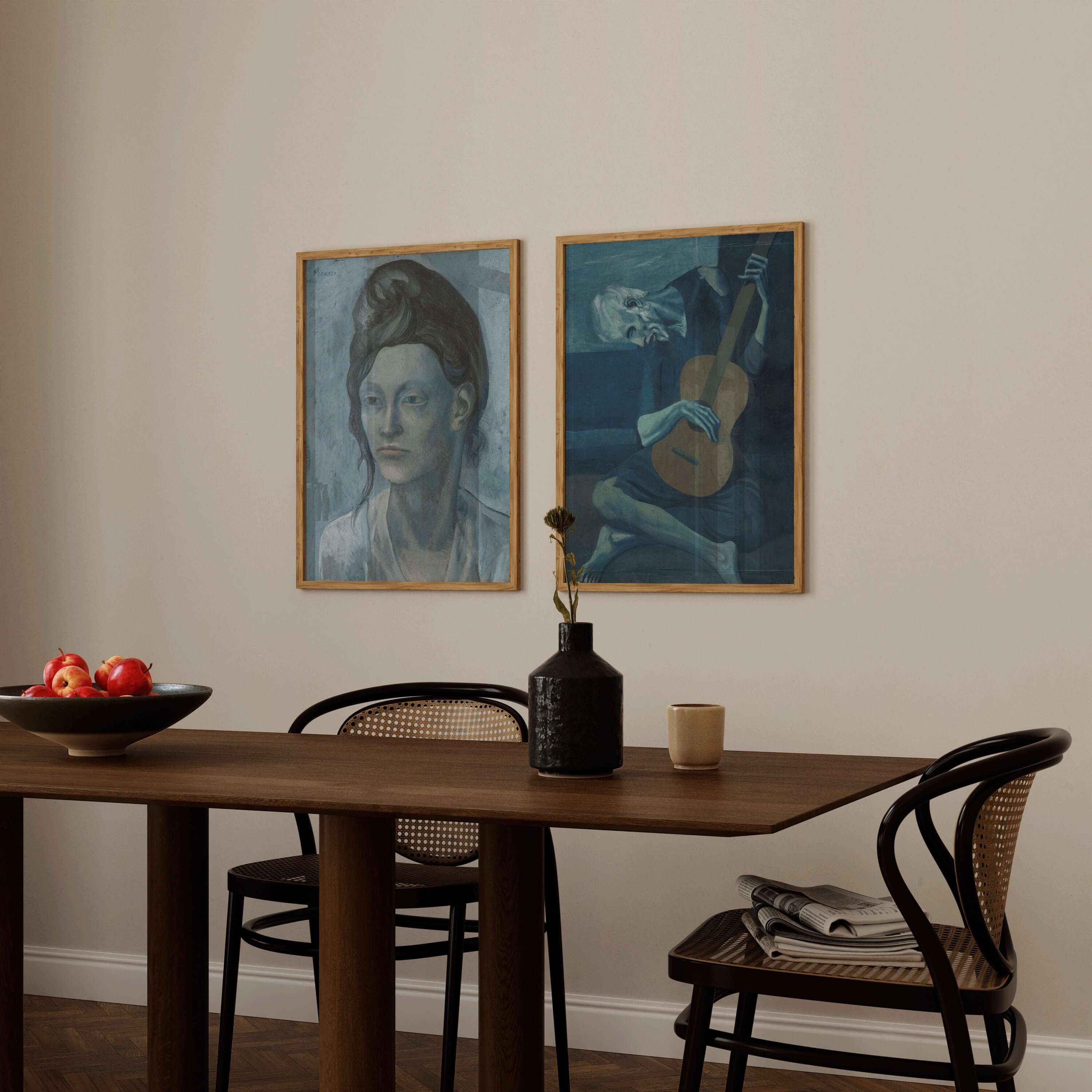 Set of 2 Art Pablo Picasso Prints - Woman with a Helmet of Hair and The Old Guitarist | Blue Gallery Wall Art (available framed or unframed) - 9ArtPrints