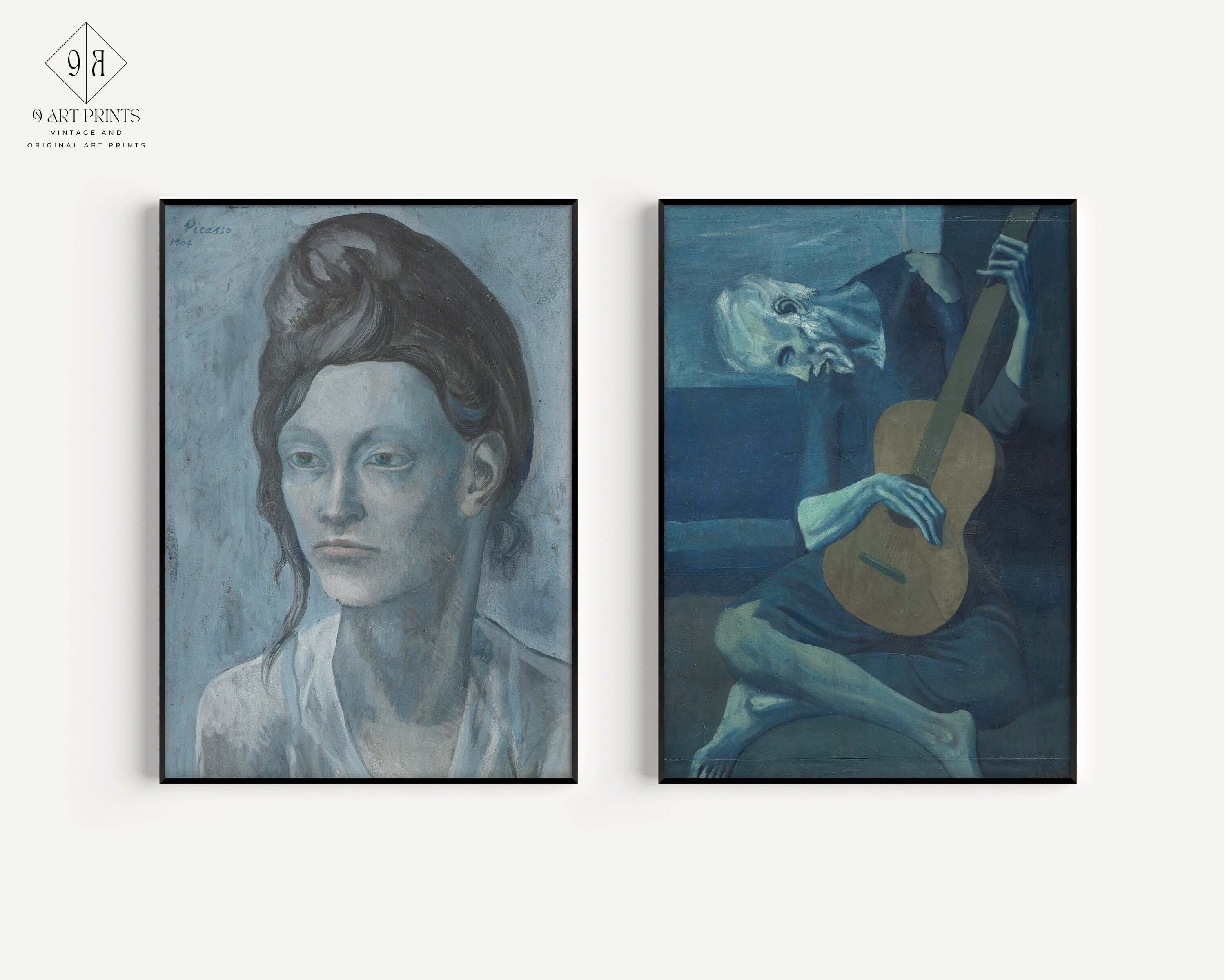 Set of 2 Art Pablo Picasso Prints - Woman with a Helmet of Hair and The Old Guitarist | Blue Gallery Wall Art (available framed or unframed) - 9ArtPrints