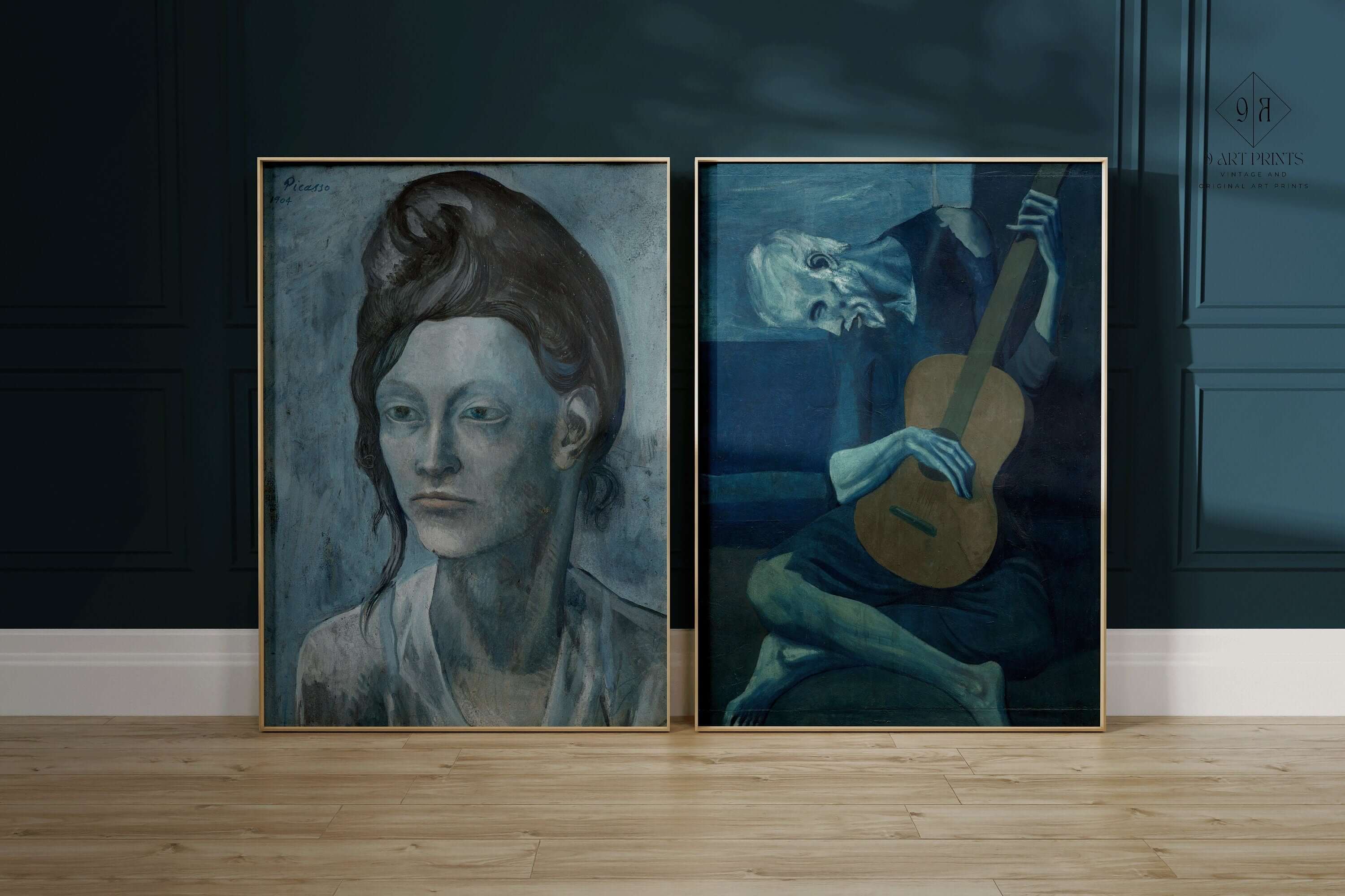 Set of 2 Art Pablo Picasso Prints - Woman with a Helmet of Hair and The Old Guitarist | Blue Gallery Wall Art (available framed or unframed) - 9ArtPrints