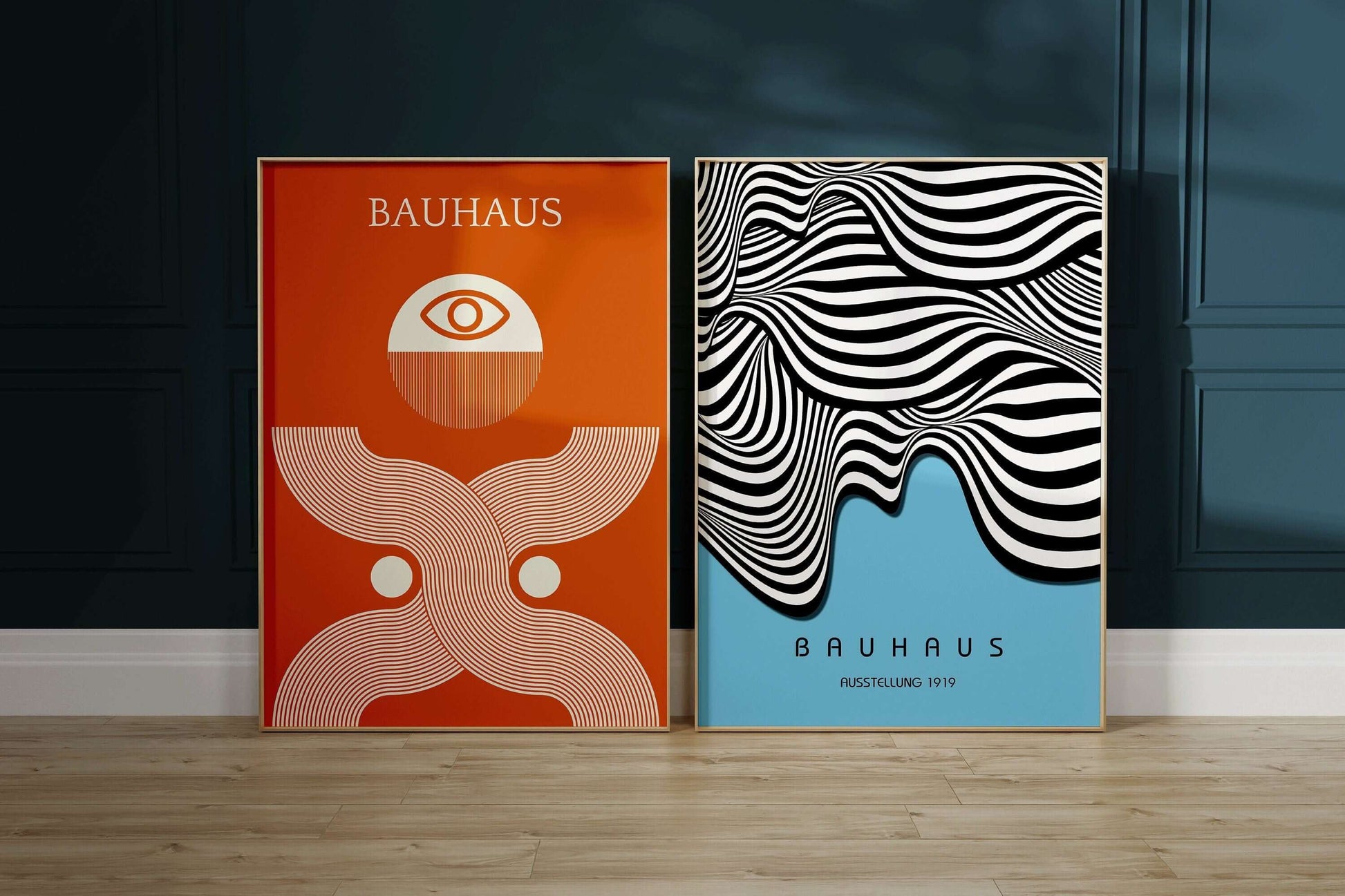 Set of 2 Blue Orange Bauhaus Mid - Century Modern Art Print Posters | Available framed or unframed - 9ArtPrints