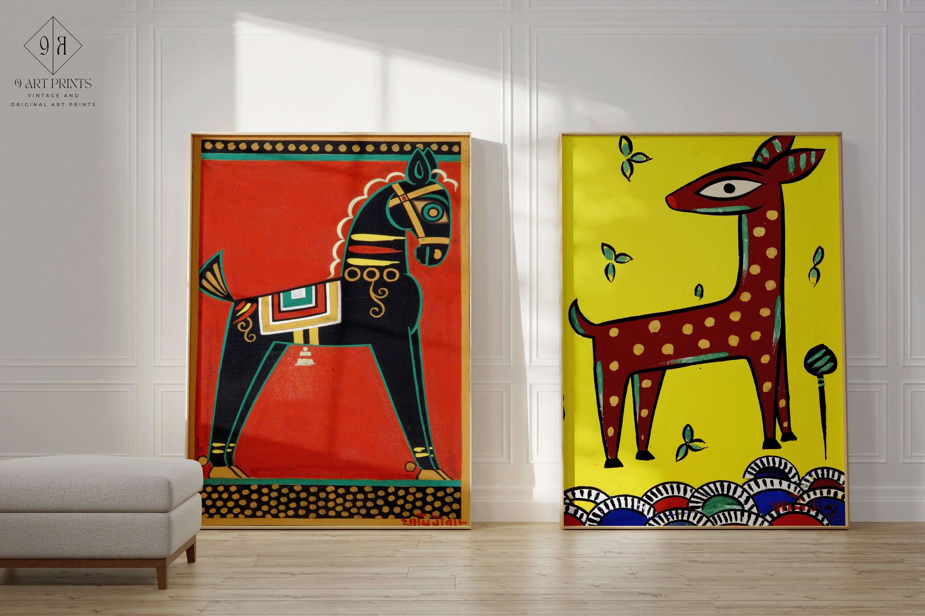 Set of 2 Jamini Roy Prints - Black Horse and Fawn | Traditional Bengali (Indian) Art (available framed or unframed) - 9ArtPrints