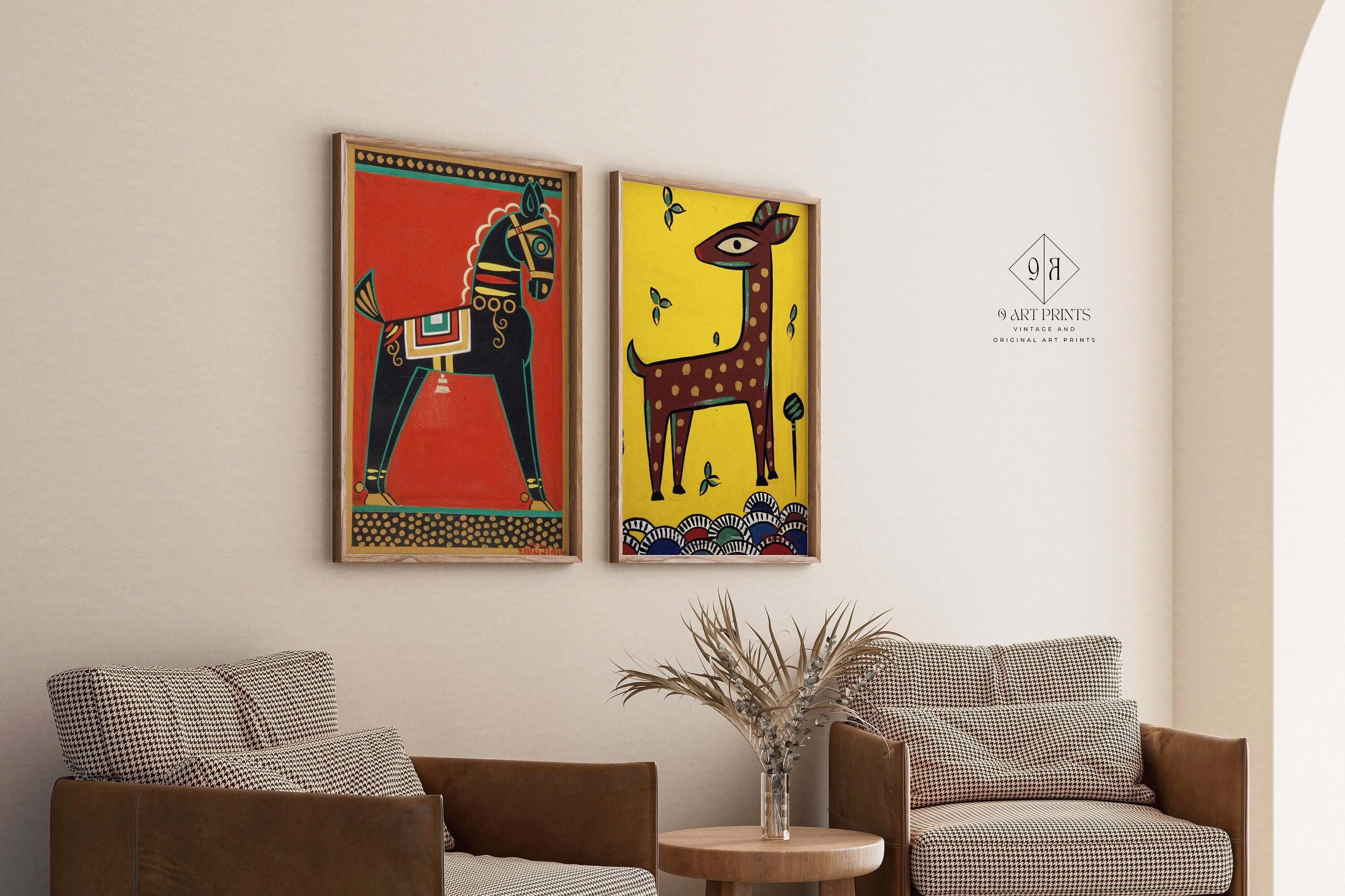 Set of 2 Jamini Roy Prints - Black Horse and Fawn | Traditional Bengali (Indian) Art (available framed or unframed) - 9ArtPrints