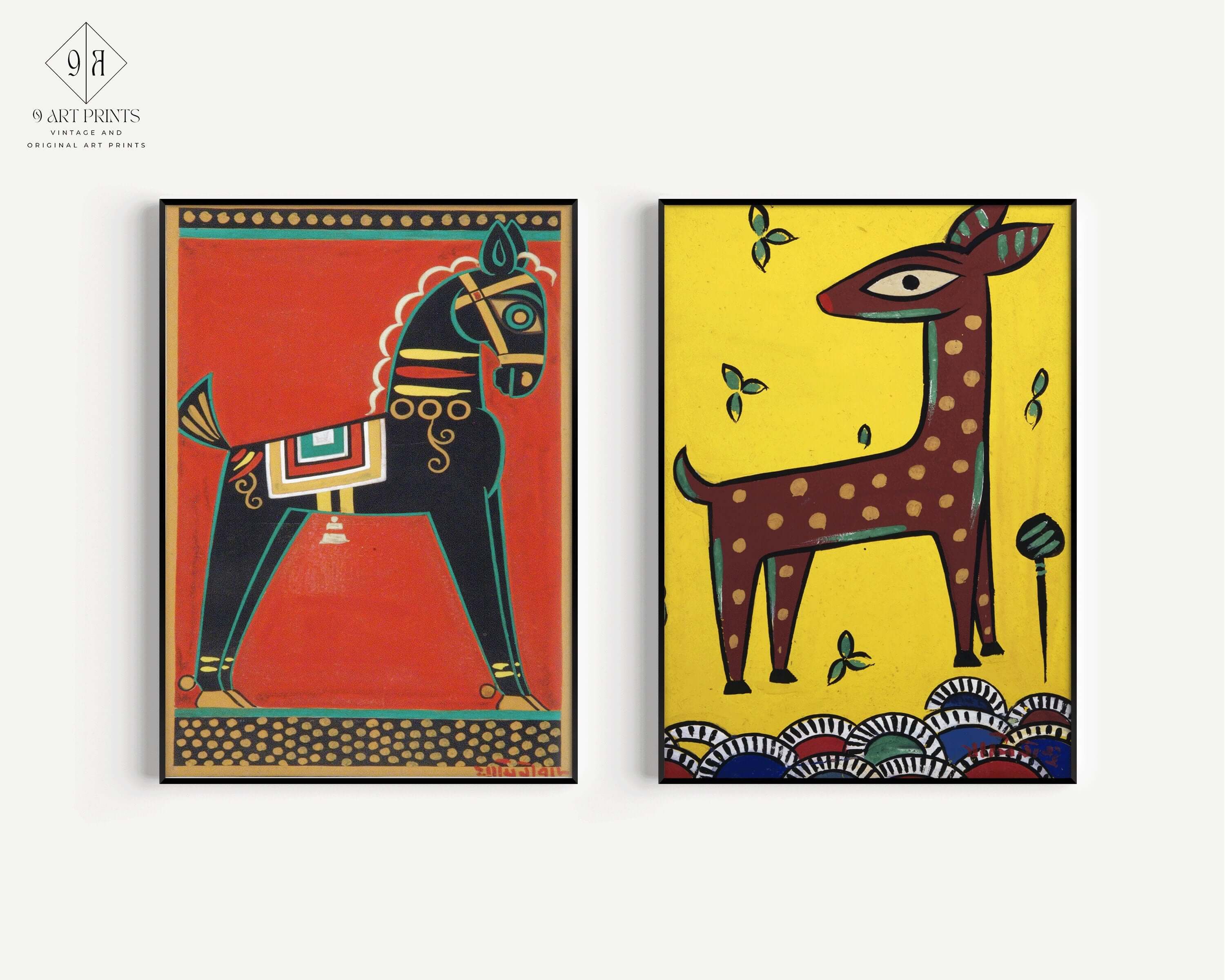 Set of 2 Jamini Roy Prints - Black Horse and Fawn | Traditional Bengali (Indian) Art (available framed or unframed) - 9ArtPrints