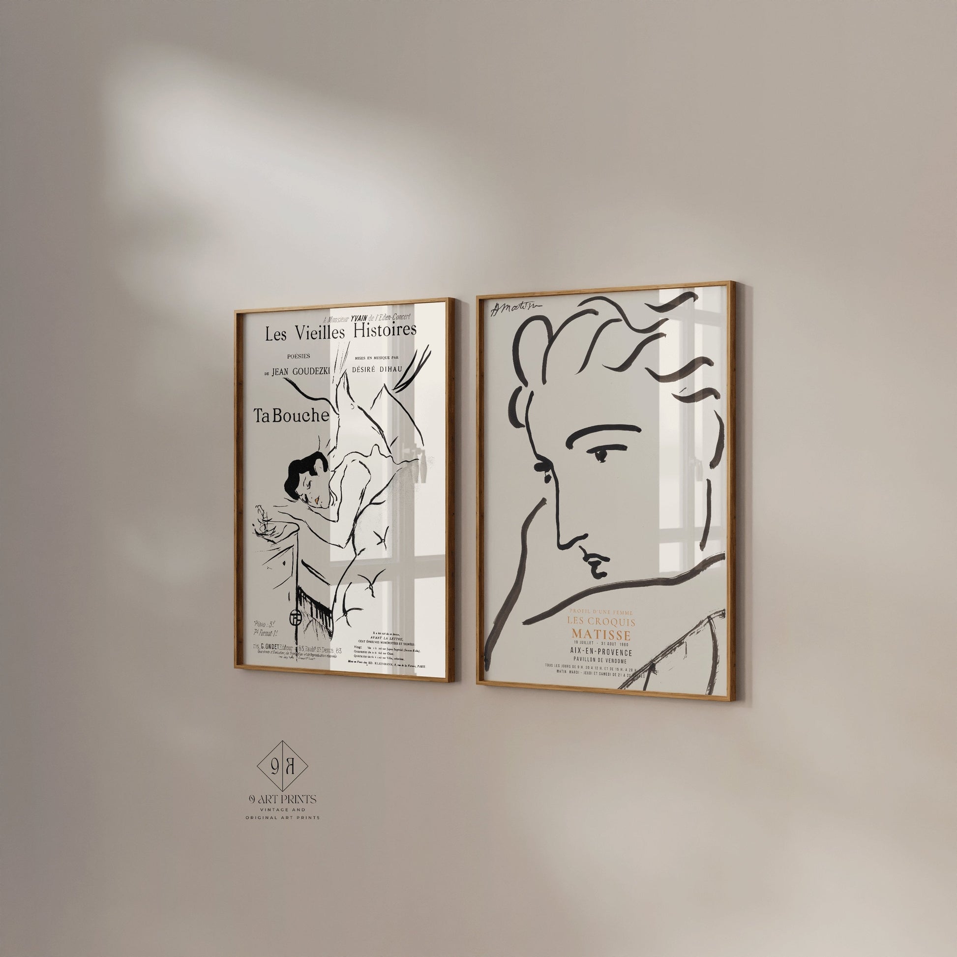 Set of 2 Matisse and Henri Toulouse Lautrec Neutral Posters - Profile of a Woman and Ta Bouche | Available framed or unframed - 9ArtPrints