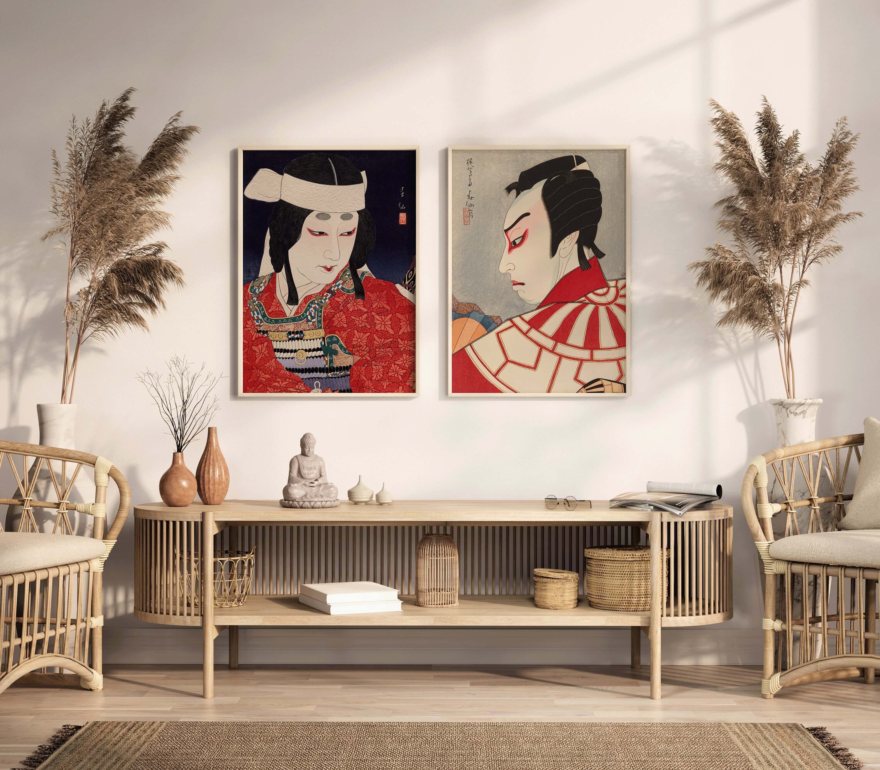 Set of 2 Natori Shunsen Japanese Prints | Kabuki Red Poster Shin Hanga Ukiyoe Posters (available framed or unframed) - 9ArtPrints