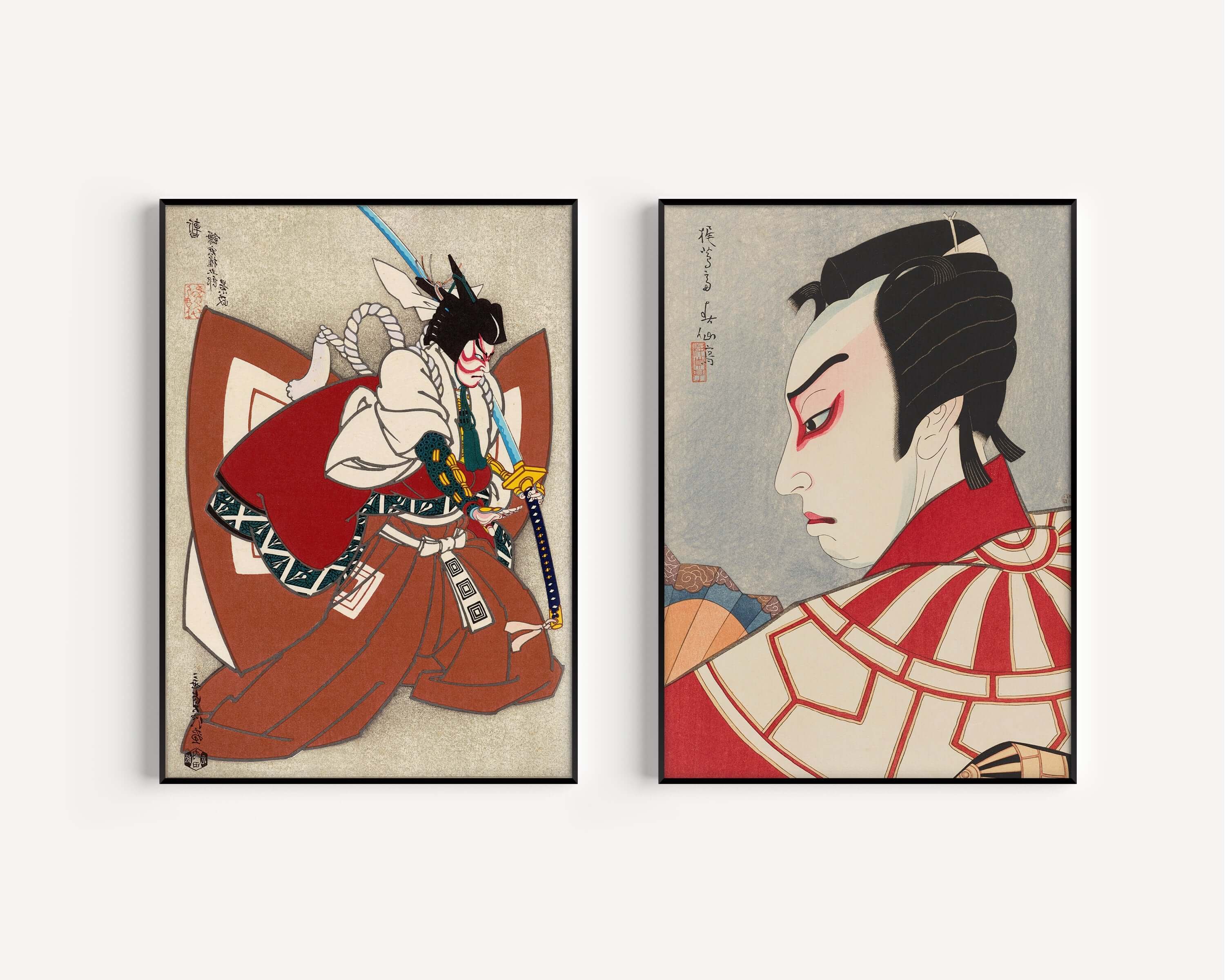 Set of 2 Natori Shunsen Japanese Prints | Kabuki Red Poster Shin Hanga Ukiyoe Samurai Posters (available framed or unframed) - 9ArtPrints