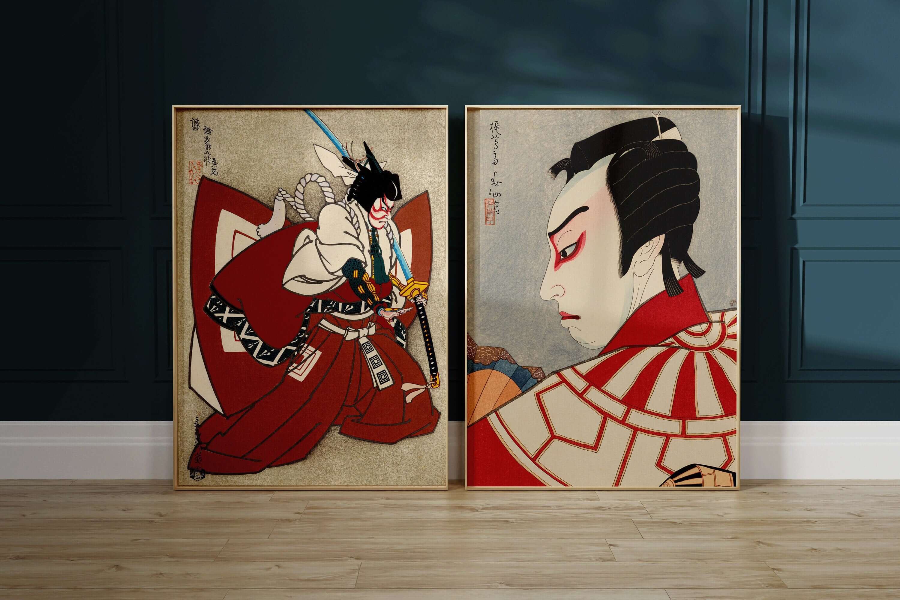 Set of 2 Natori Shunsen Japanese Prints | Kabuki Red Poster Shin Hanga Ukiyoe Samurai Posters (available framed or unframed) - 9ArtPrints