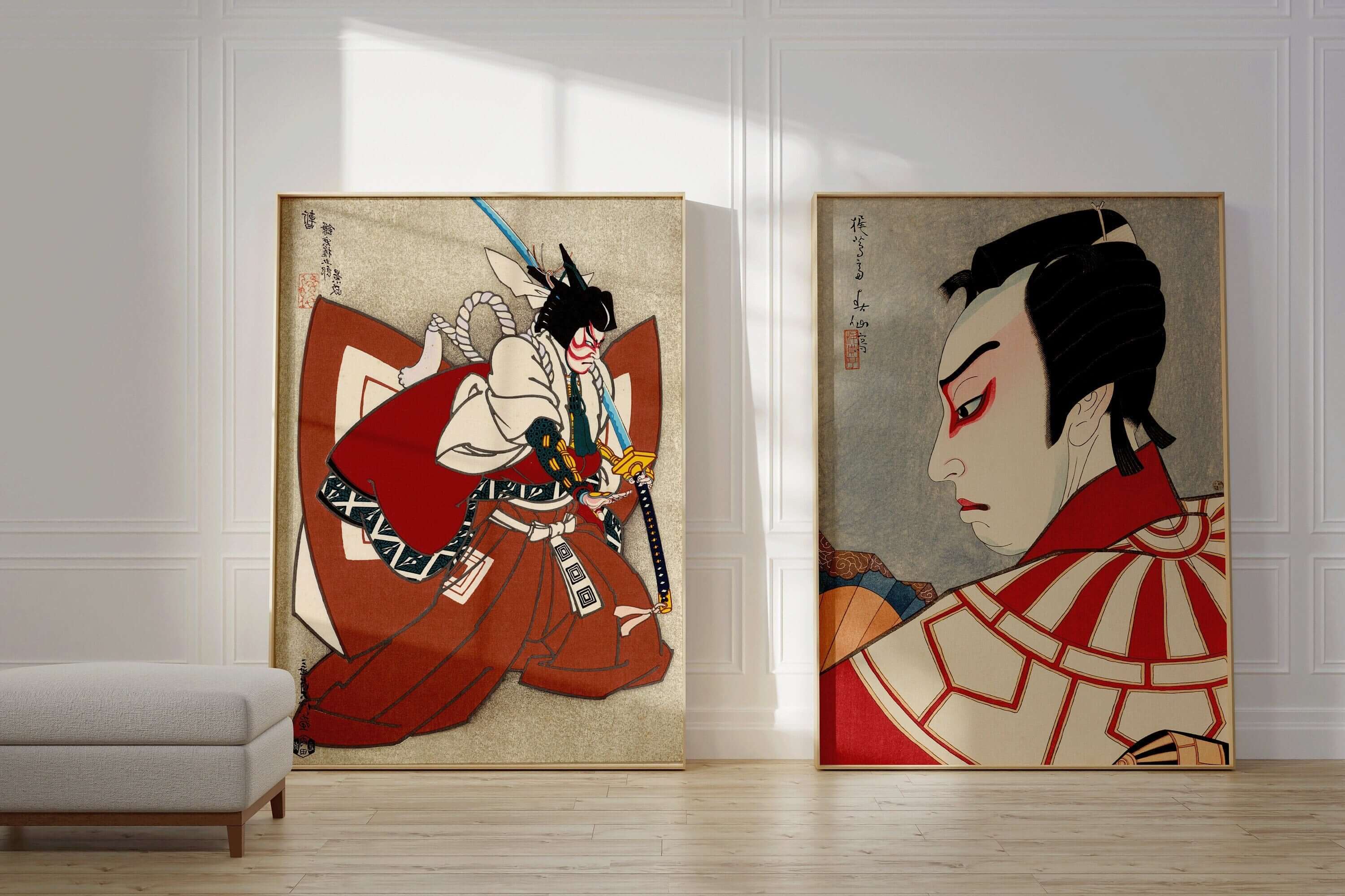 Set of 2 Natori Shunsen Japanese Prints | Kabuki Red Poster Shin Hanga Ukiyoe Samurai Posters (available framed or unframed) - 9ArtPrints