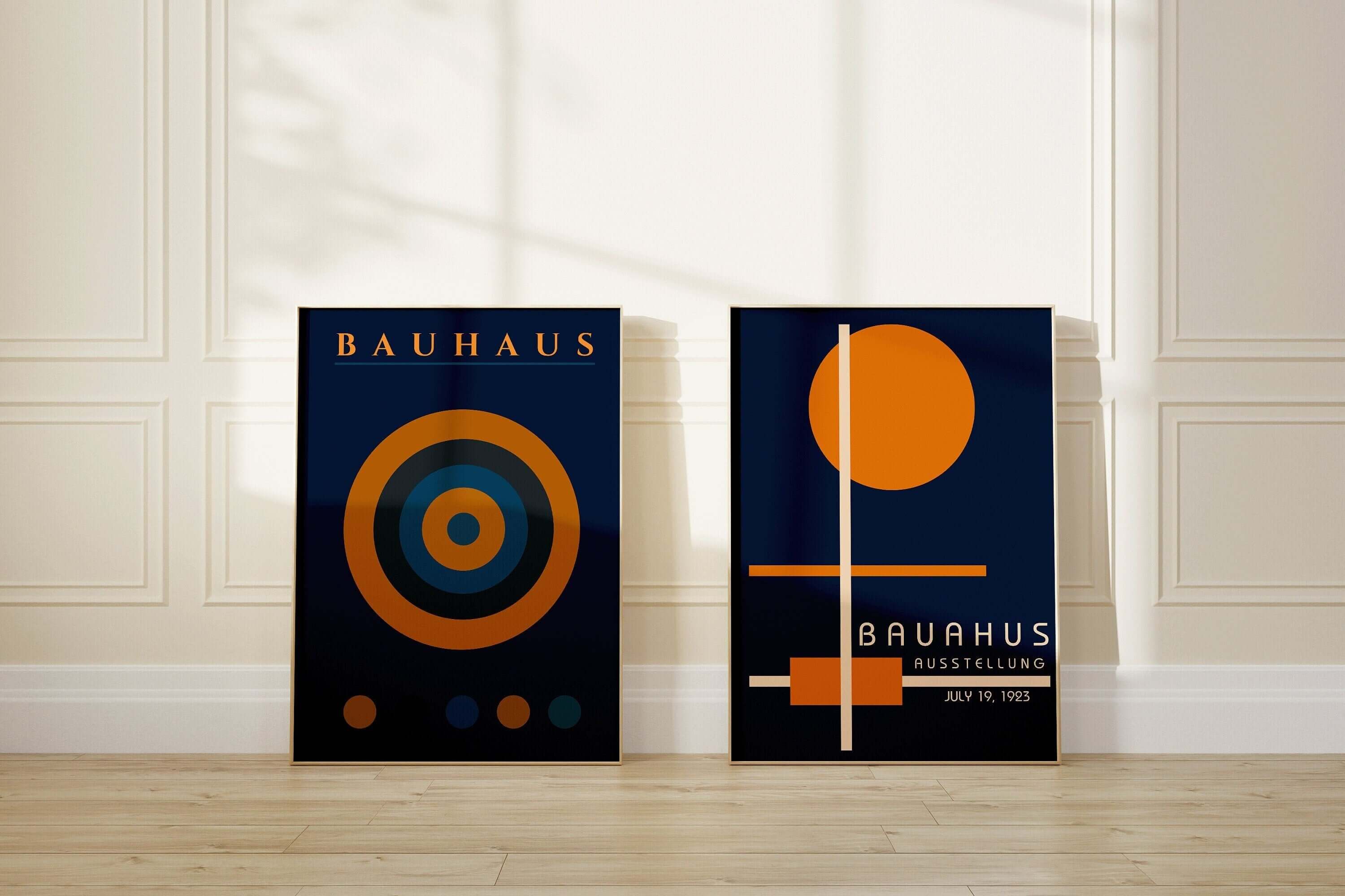 Set of 2 Navy Blue Orange Bauhaus Mid - Century Modern Art Print Posters | Available framed or unframed - 9ArtPrints