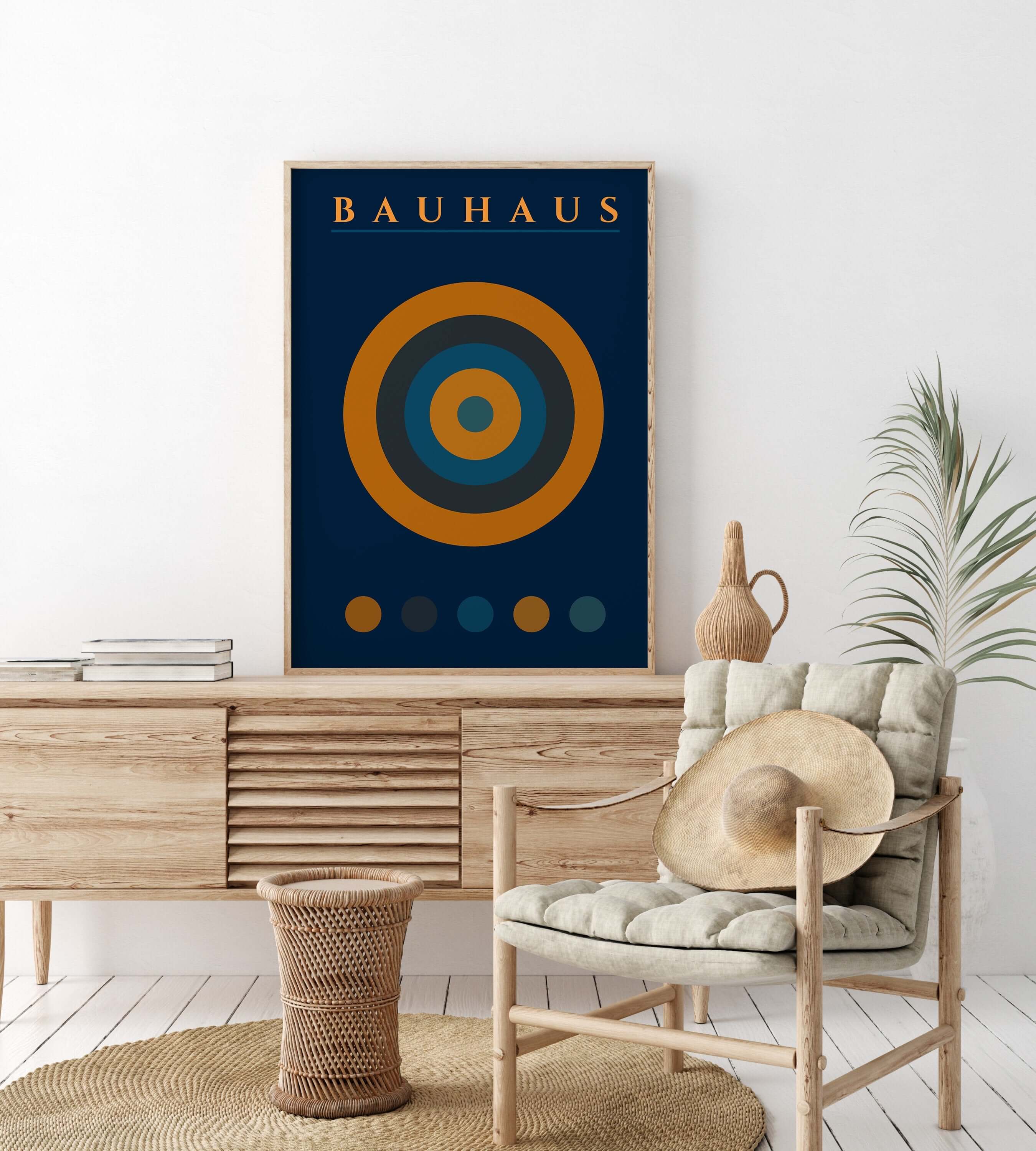 Set of 2 Navy Blue Orange Bauhaus Mid - Century Modern Art Print Posters | Available framed or unframed - 9ArtPrints