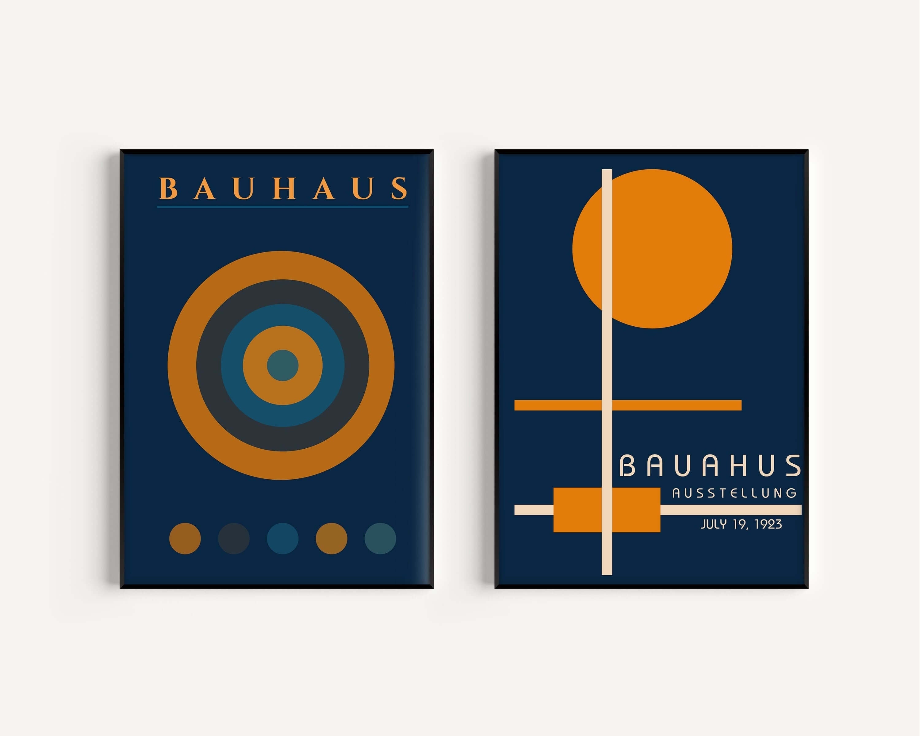 Set of 2 Navy Blue Orange Bauhaus Mid - Century Modern Art Print Posters | Available framed or unframed - 9ArtPrints