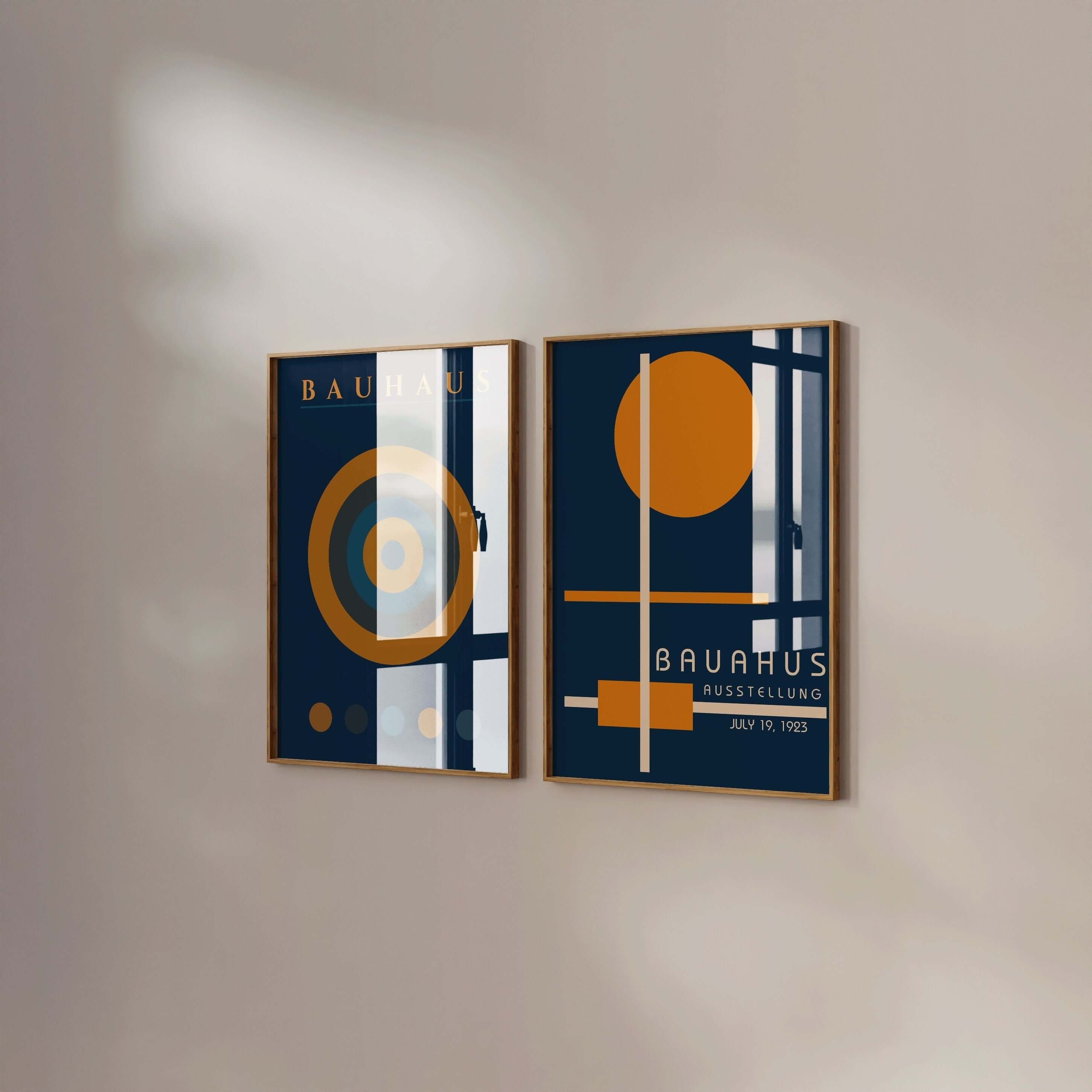 Set of 2 Navy Blue Orange Bauhaus Mid - Century Modern Art Print Posters | Available framed or unframed - 9ArtPrints