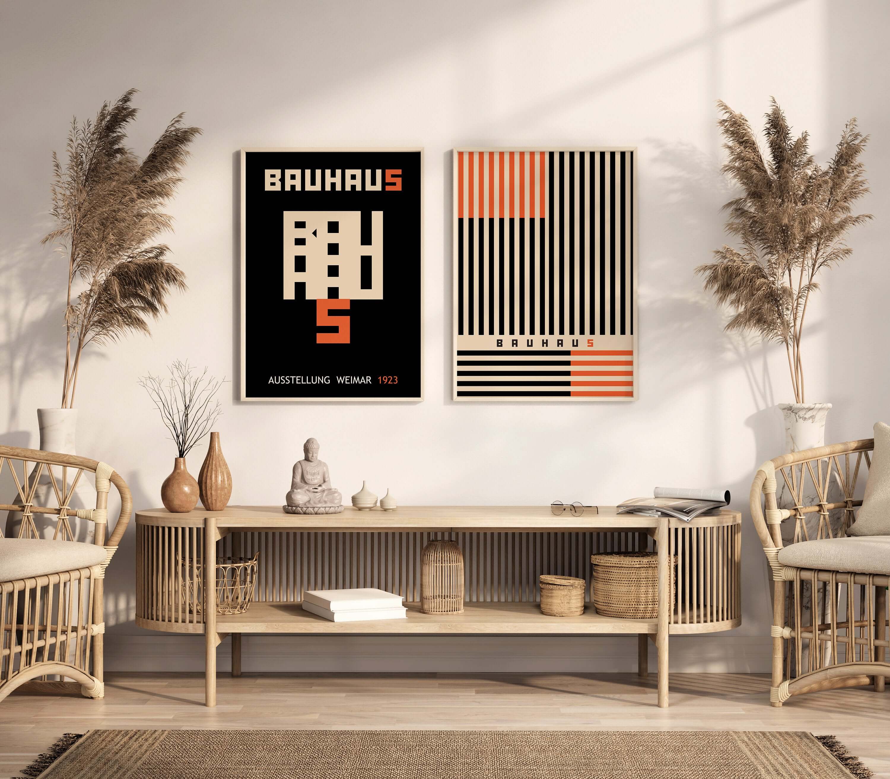 Set of 2 Neutral Black and Orange Bauhaus Mid - Century Modern Art Print Posters | Available framed or unframed - 9ArtPrints