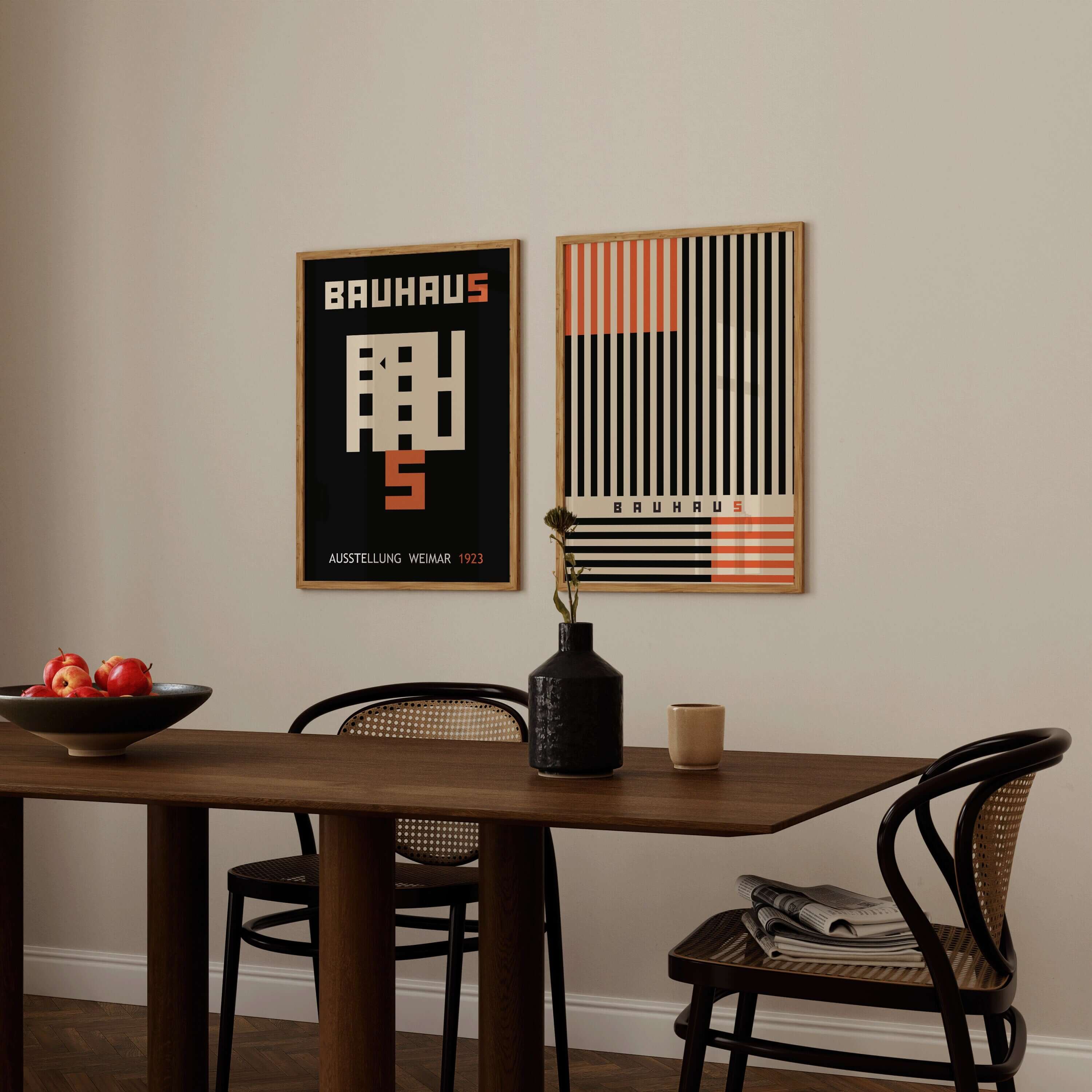 Set of 2 Neutral Black and Orange Bauhaus Mid - Century Modern Art Print Posters | Available framed or unframed - 9ArtPrints