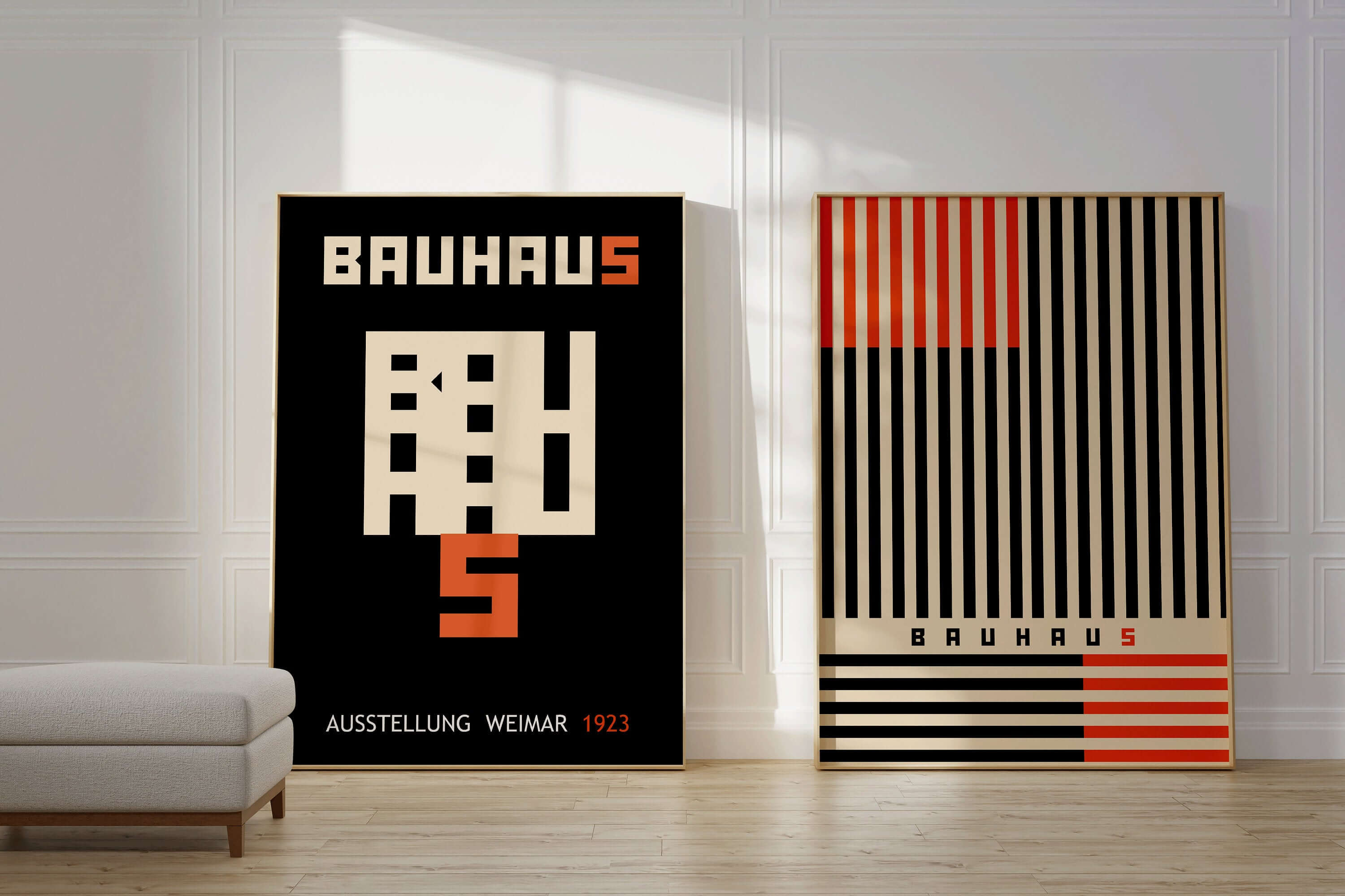 Set of 2 Neutral Black and Orange Bauhaus Mid - Century Modern Art Print Posters | Available framed or unframed - 9ArtPrints