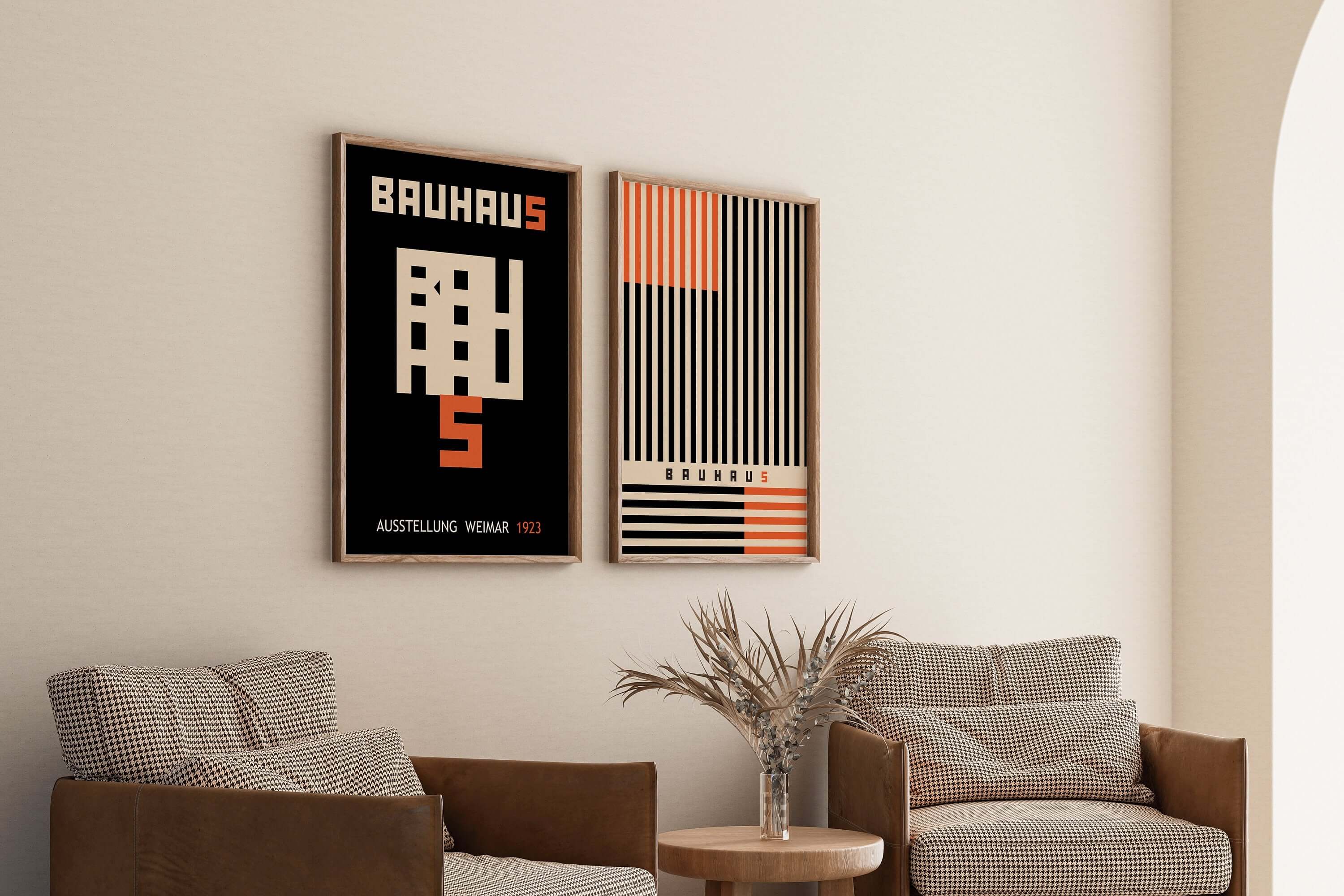 Set of 2 Neutral Black and Orange Bauhaus Mid - Century Modern Art Print Posters | Available framed or unframed - 9ArtPrints