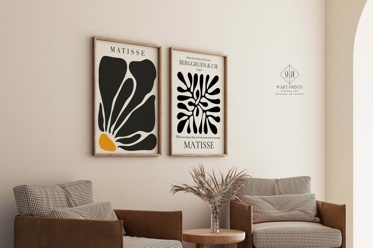 Set of 2 Neutral Black and White Henri Matisse Bauhaus Mid - Century Modern Art Print Posters | Available framed or unframed - 9ArtPrints