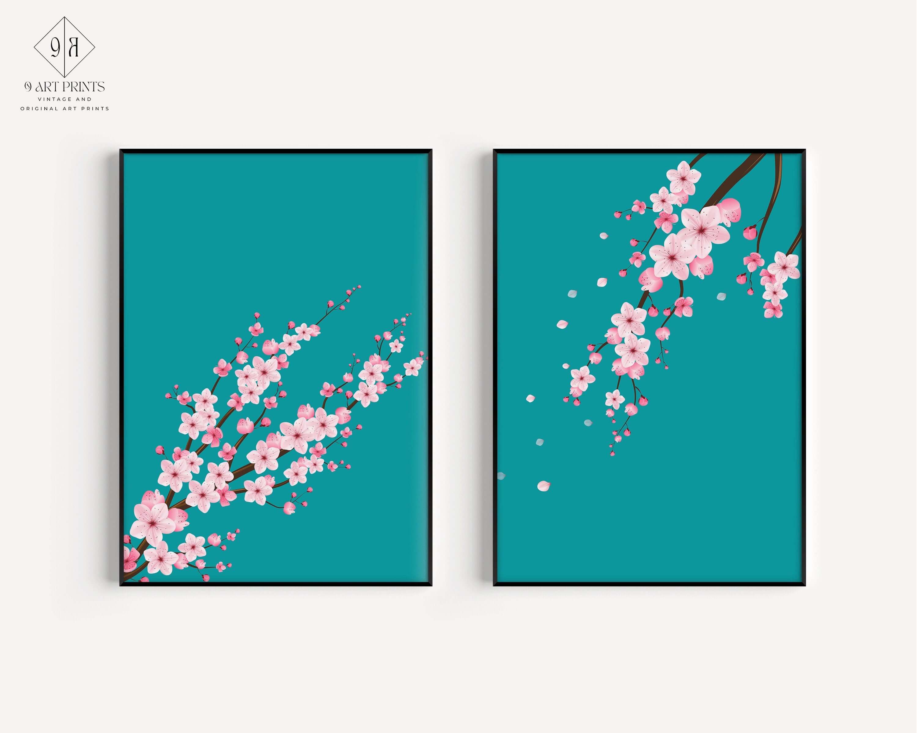 Set of 2 Sakura Cherry Blossom Art Prints | Turquoise Pink Flower Market Print (available framed or unframed) - 9ArtPrints