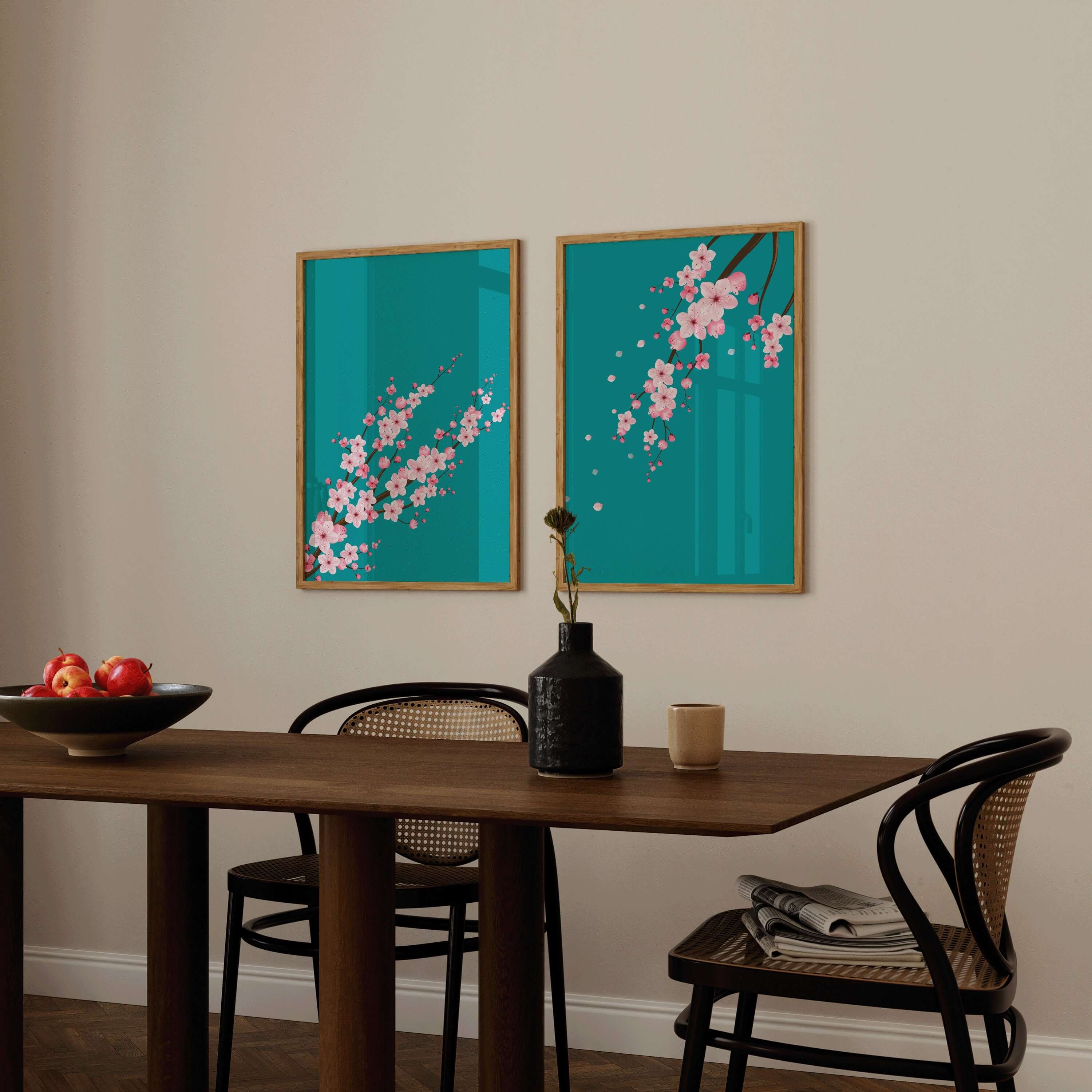 Set of 2 Sakura Cherry Blossom Art Prints | Turquoise Pink Flower Market Print (available framed or unframed) - 9ArtPrints