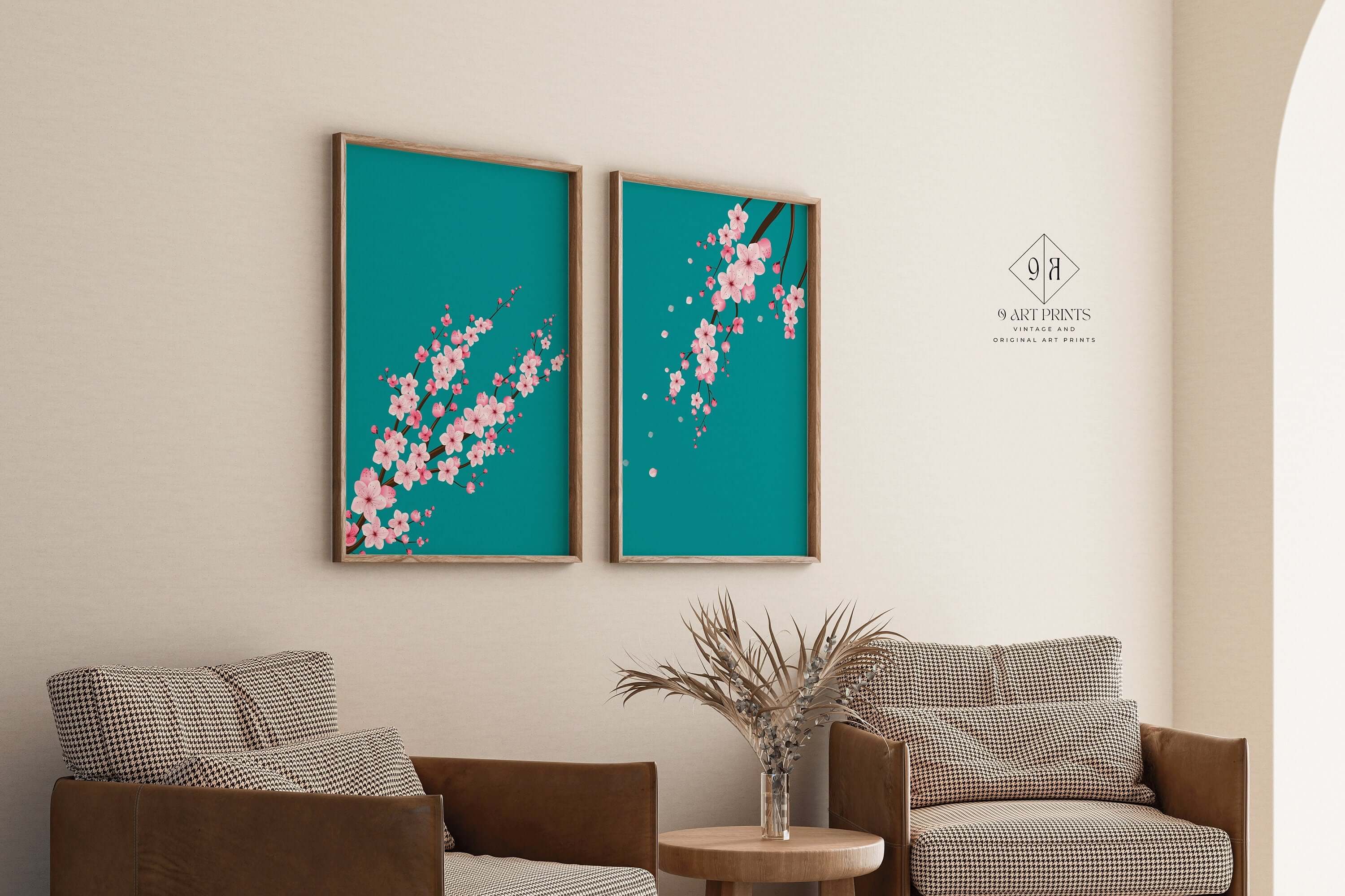 Set of 2 Sakura Cherry Blossom Art Prints | Turquoise Pink Flower Market Print (available framed or unframed) - 9ArtPrints