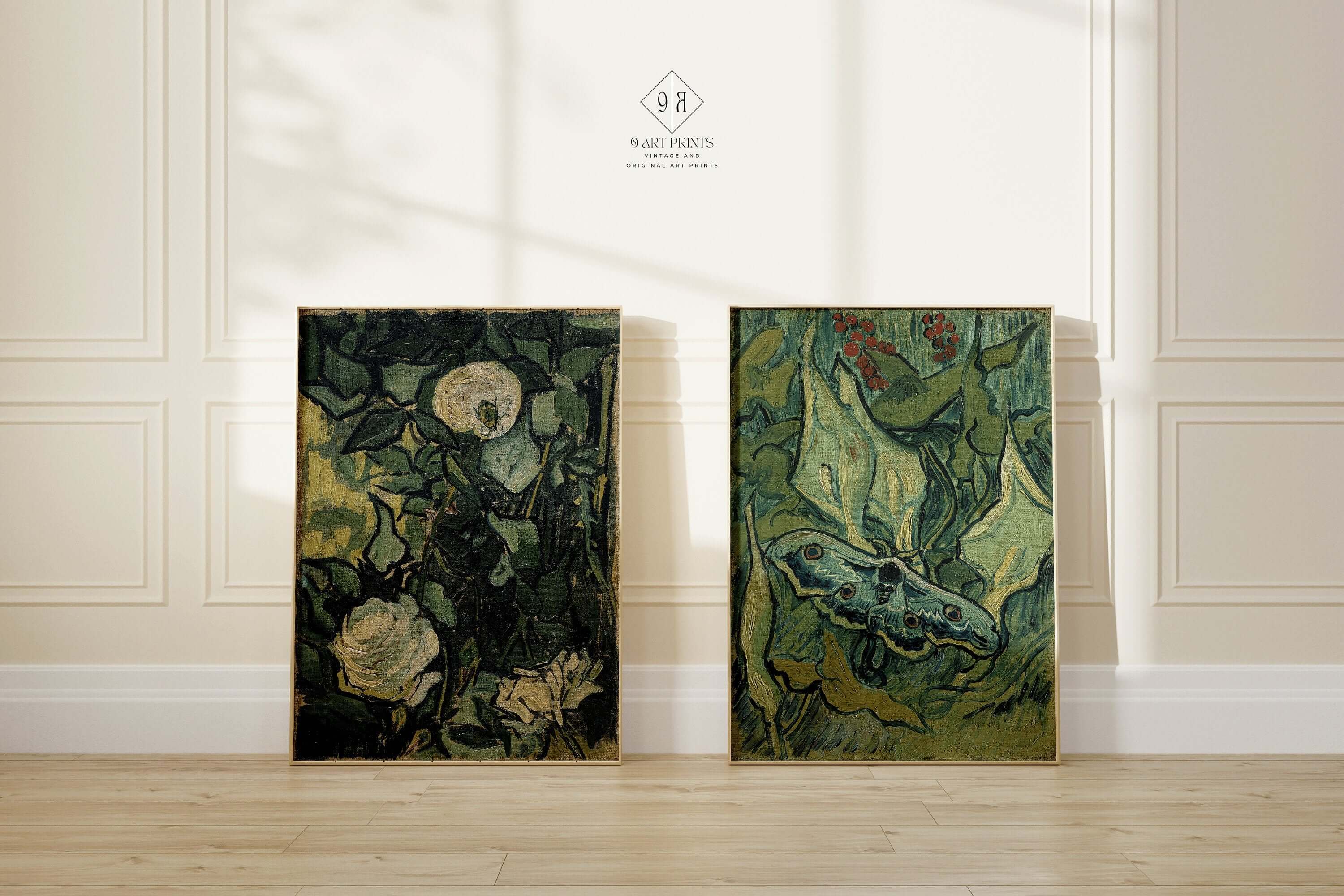 Set of 2 Vincent Van Gogh Art Prints - Roses and Giant Peacock Moth | Famous Green Wall Art (available framed or unframed) - 9ArtPrints