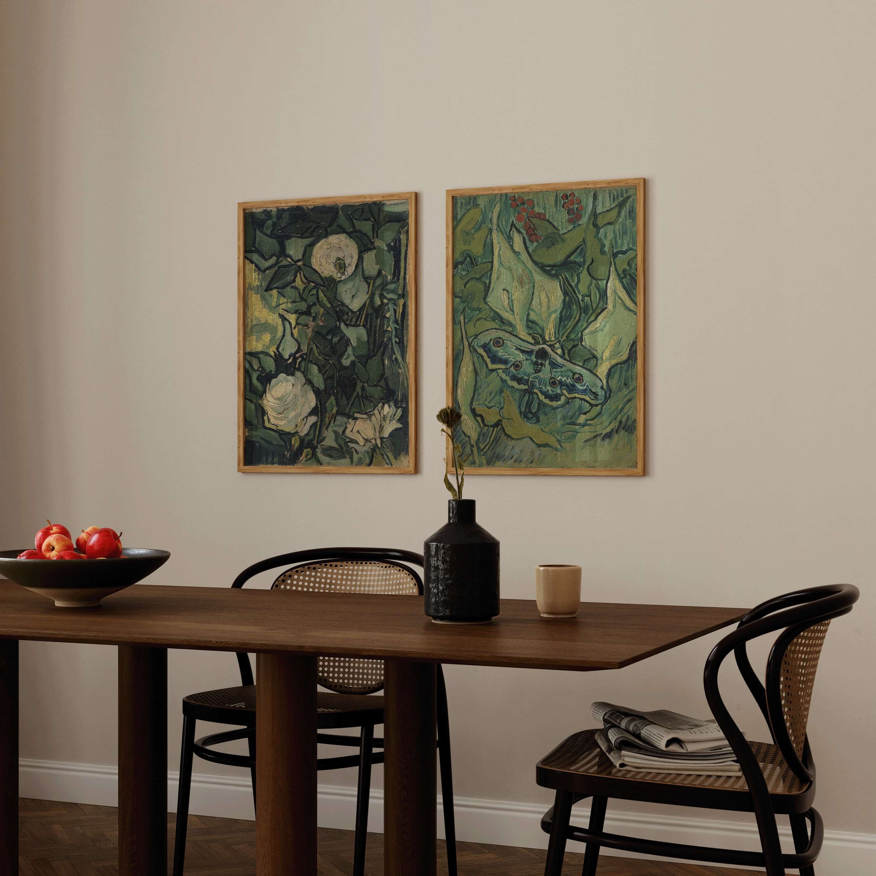 Set of 2 Vincent Van Gogh Art Prints - Roses and Giant Peacock Moth | Famous Green Wall Art (available framed or unframed) - 9ArtPrints