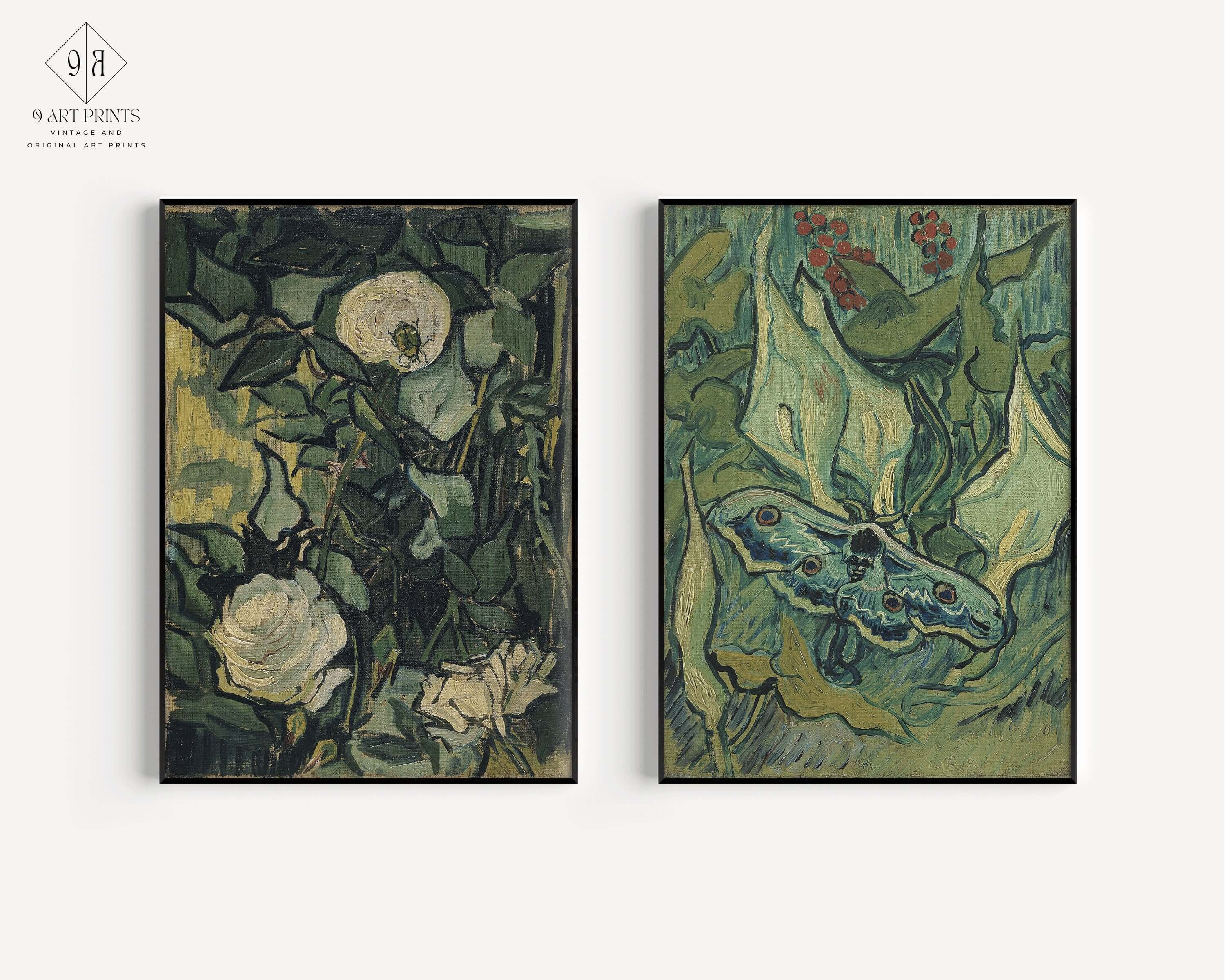 Set of 2 Vincent Van Gogh Art Prints - Roses and Giant Peacock Moth | Famous Green Wall Art (available framed or unframed) - 9ArtPrints