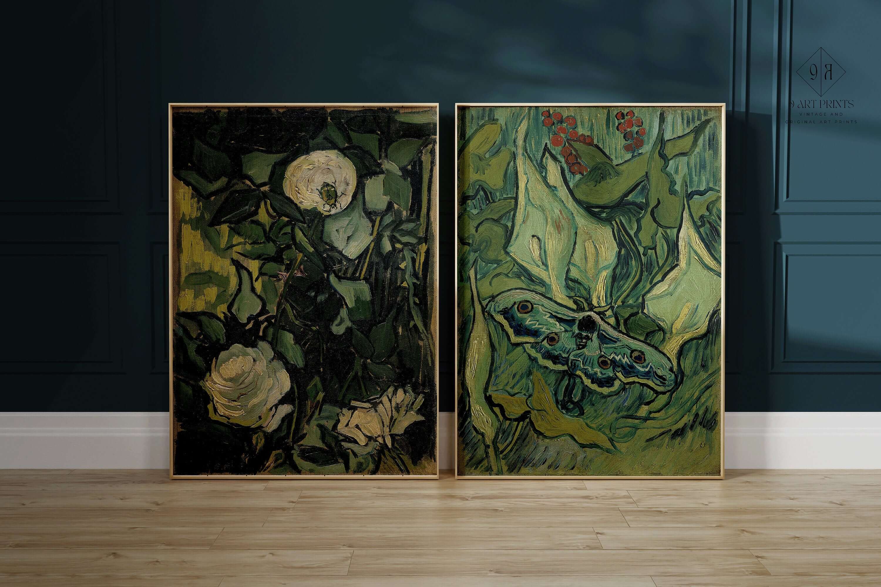 Set of 2 Vincent Van Gogh Art Prints - Roses and Giant Peacock Moth | Famous Green Wall Art (available framed or unframed) - 9ArtPrints