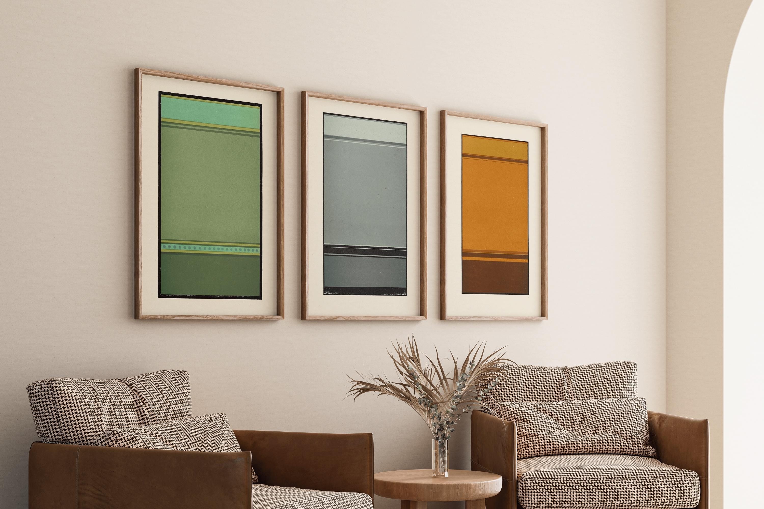 Set of 3 Abstract Art Prints | Harmony of Broken Lines by James Ward | Minimalist Modern Geometry Green, Grey, and Brown framed or unframed - 9ArtPrints