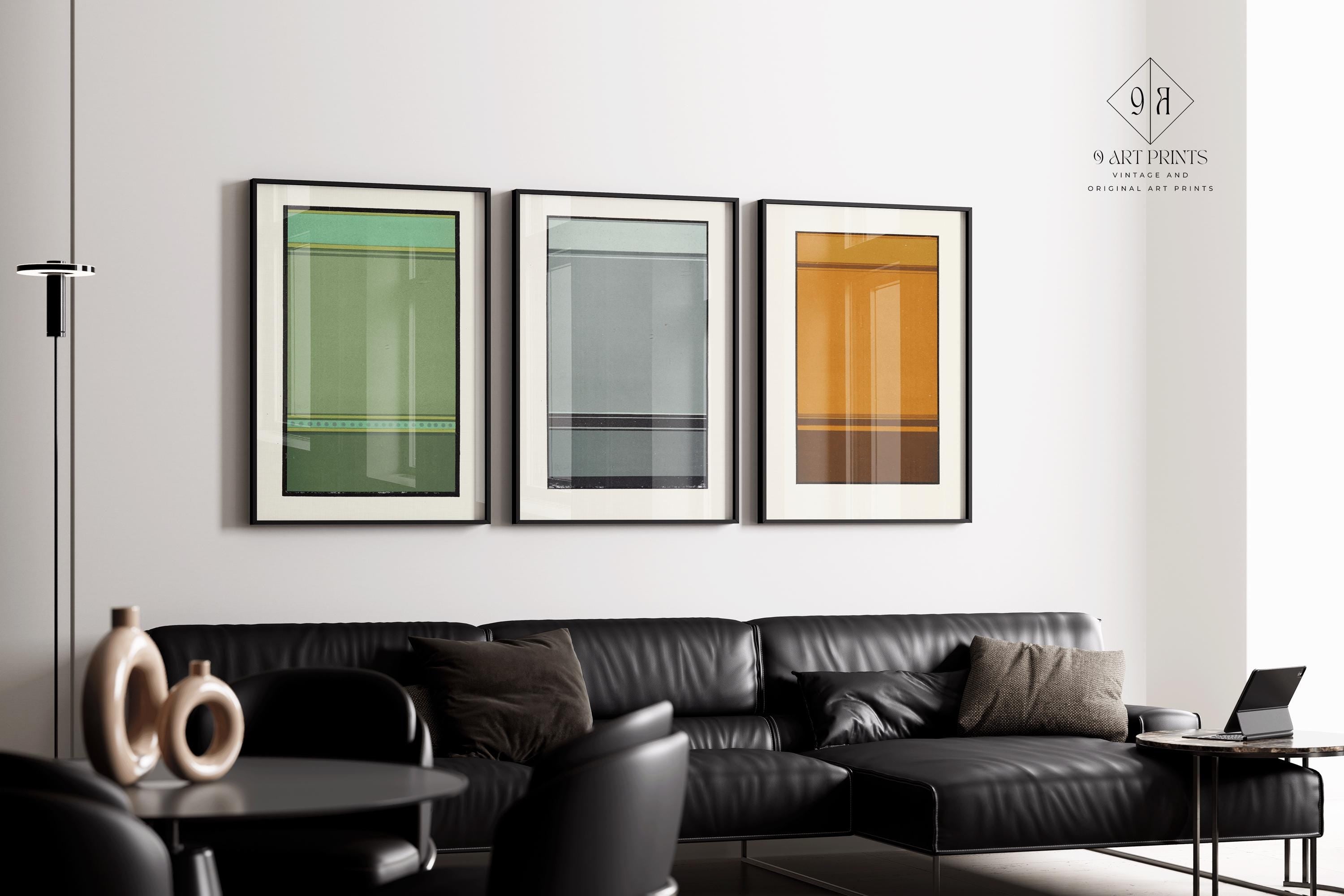 Set of 3 Abstract Art Prints | Harmony of Broken Lines by James Ward | Minimalist Modern Geometry Green, Grey, and Brown framed or unframed - 9ArtPrints