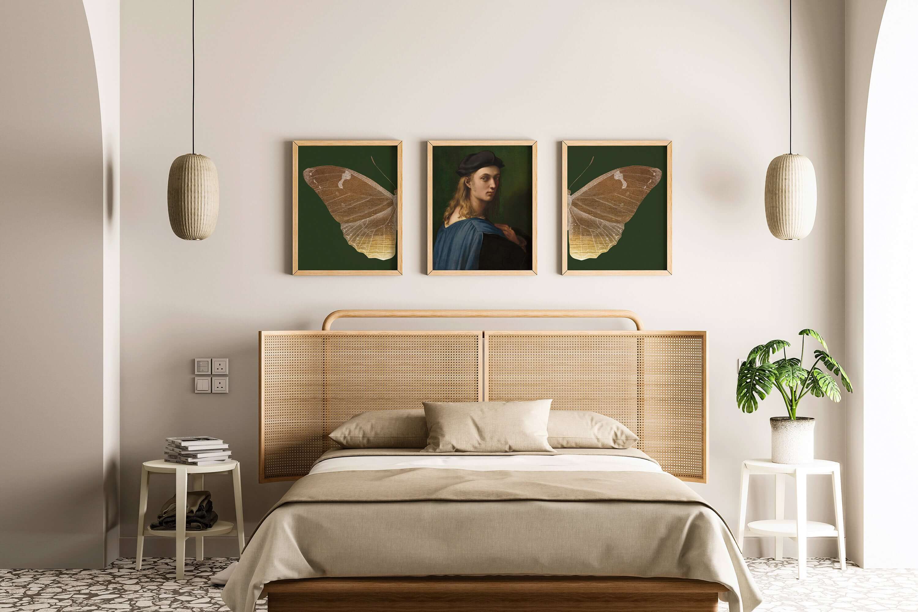 Set of 3 Dark Green Art Prints Academia Renaissance Butterfly Above Bed Famous Painting Art Framed Ready to Hang Home Office Decor Gold Gift - 9ArtPrints