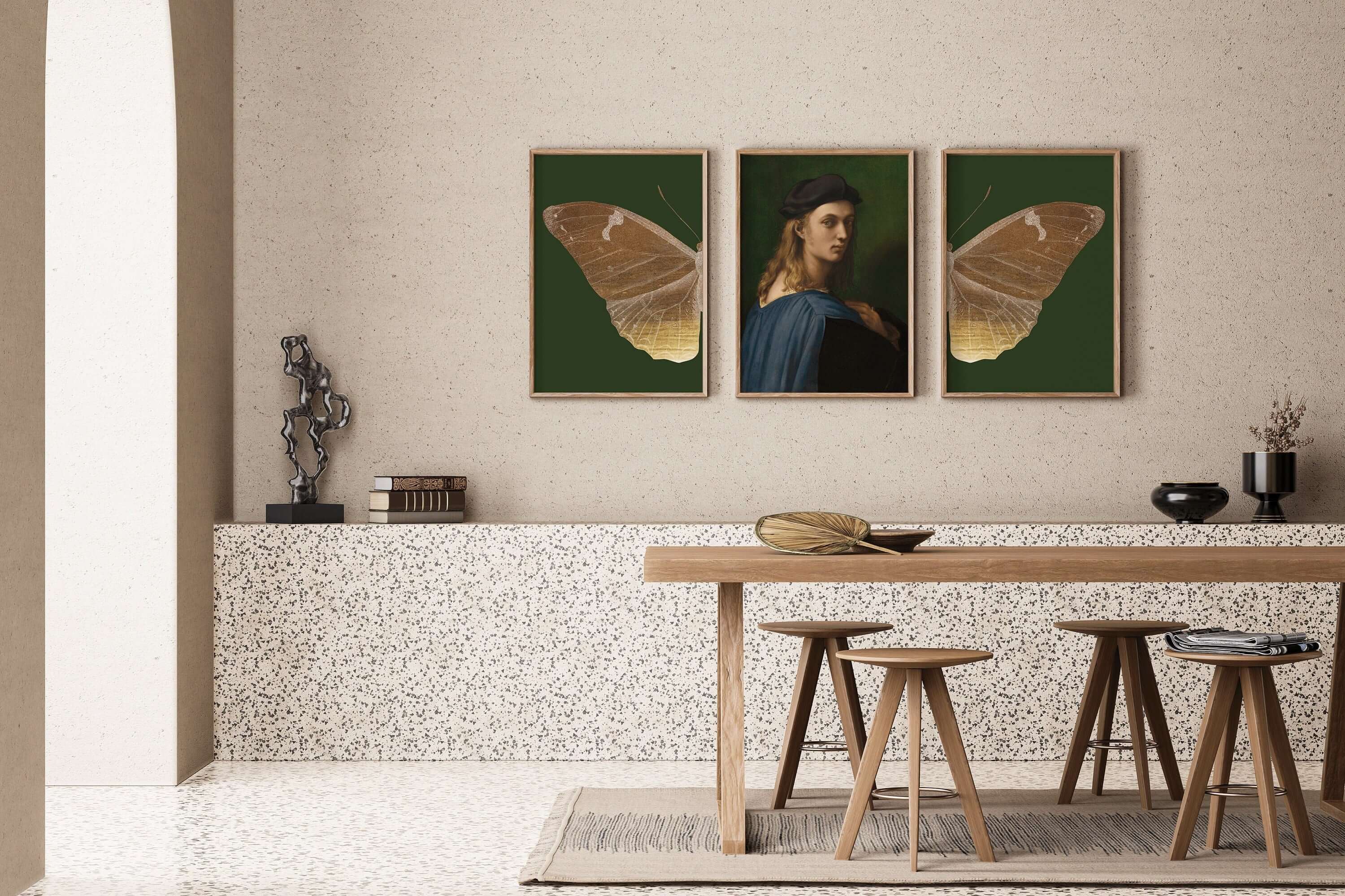 Set of 3 Dark Green Art Prints Academia Renaissance Butterfly Above Bed Famous Painting Art Framed Ready to Hang Home Office Decor Gold Gift - 9ArtPrints