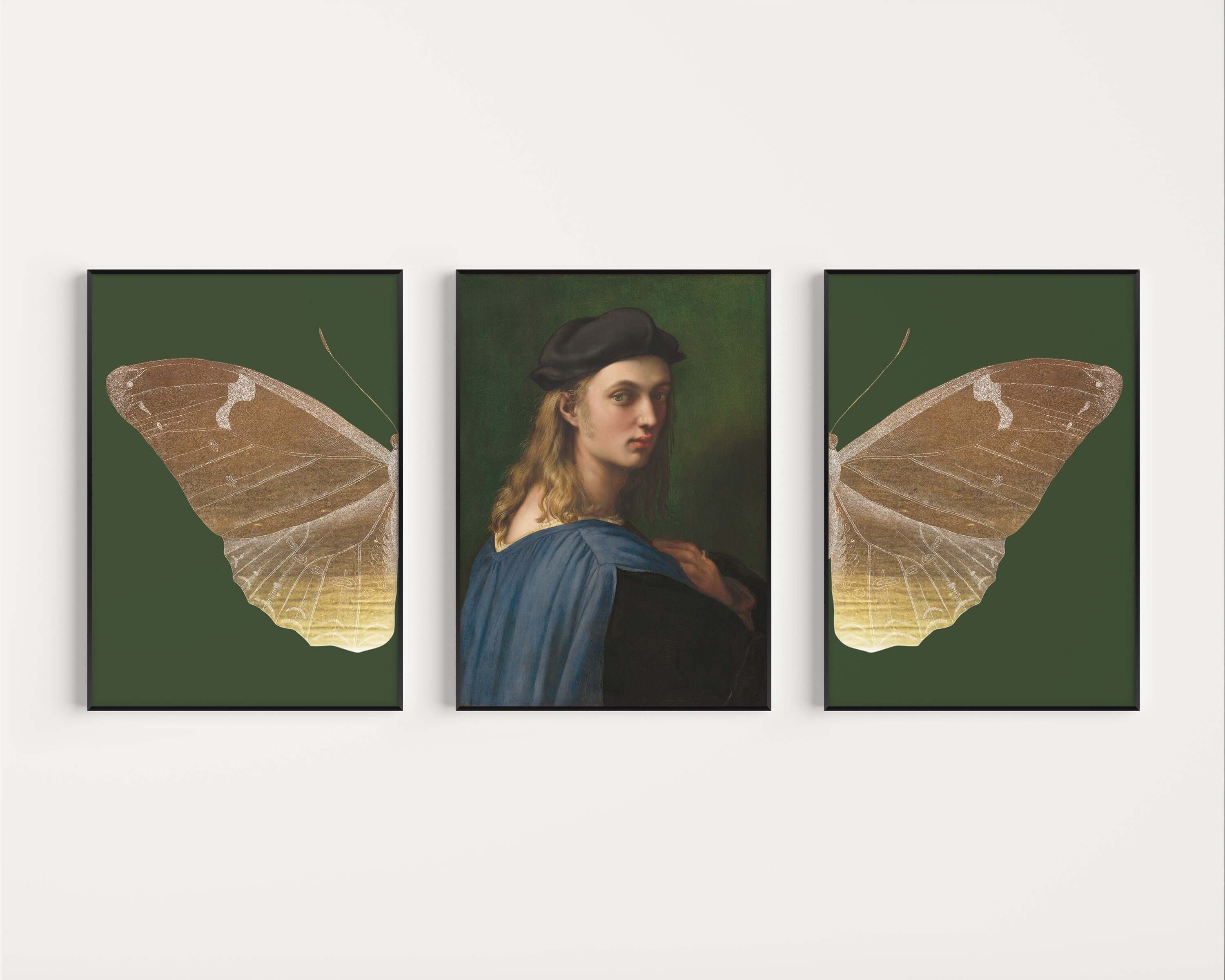 Set of 3 Dark Green Art Prints Academia Renaissance Butterfly Above Bed Famous Painting Art Framed Ready to Hang Home Office Decor Gold Gift - 9ArtPrints