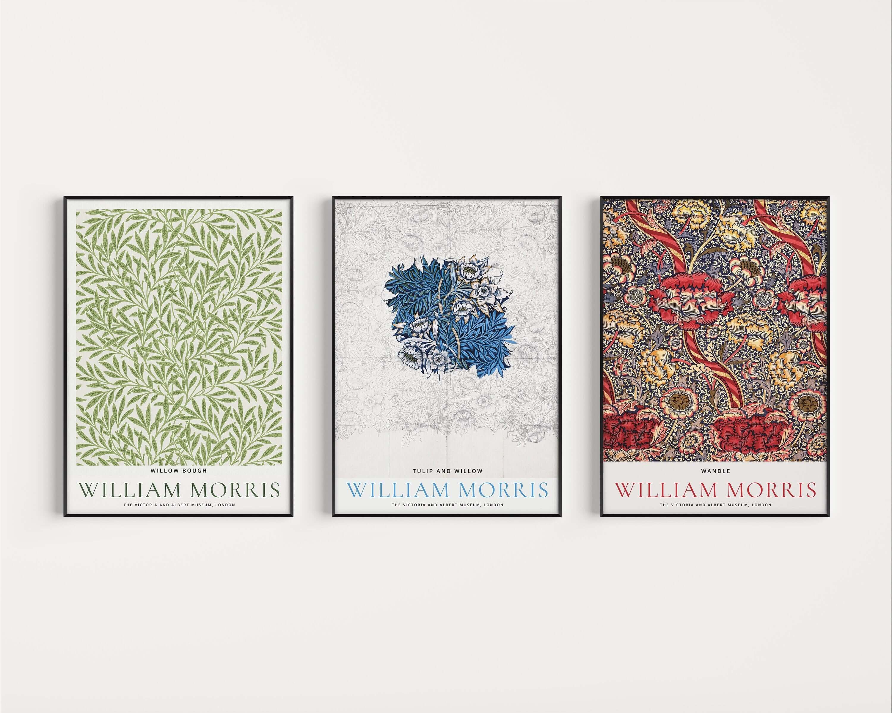 Set of 3 William Morris Prints GREEN BLUE RED Museum Exhibition Art Nouveau Flower Pattern Flower Ready to hang Framed Home Office Decor - 9ArtPrints