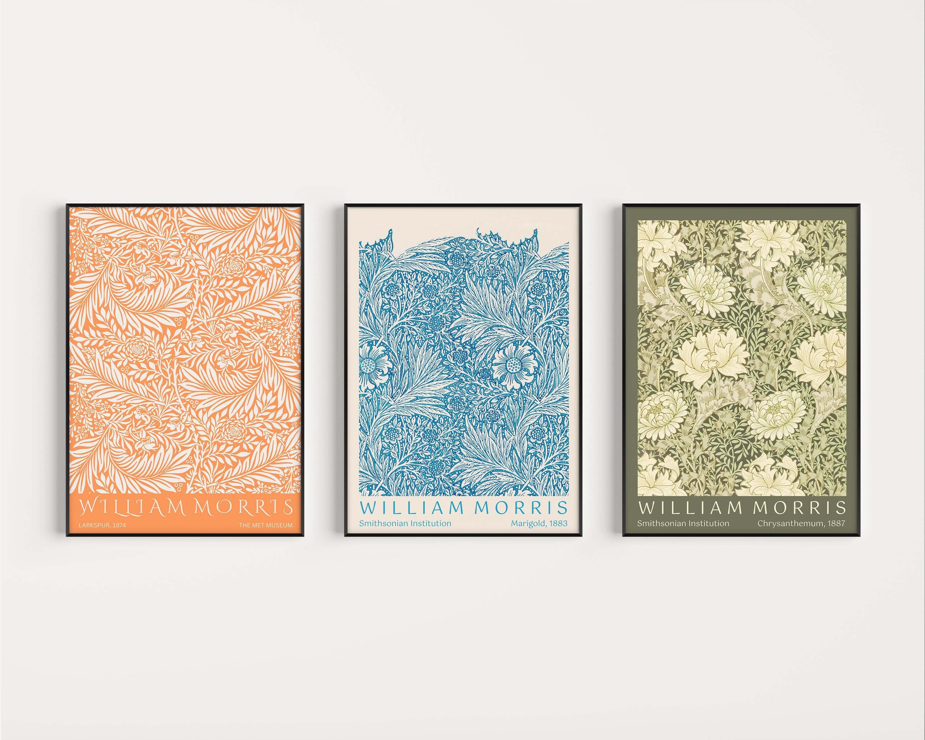 Set of 3 William Morris Prints Orange Blue Green Museum Exhibition Art Nouveau Flower Pattern Flower Ready to hang Framed Home Office Decor - 9ArtPrints