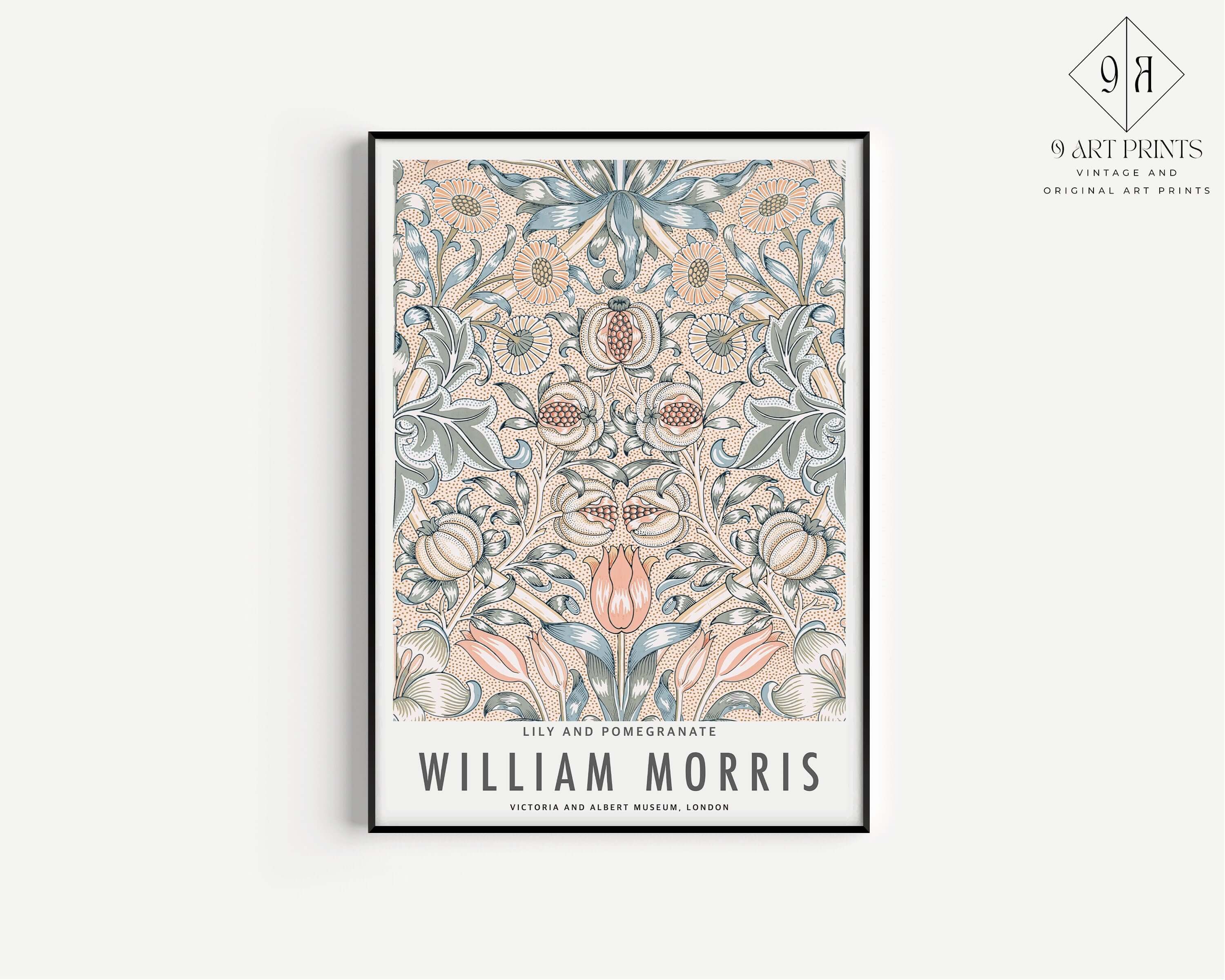 Set of 3 William Morris Prints Orange Blue Peach Museum Exhibition Art Nouveau Flower Pattern Flower Ready to hang Framed Home Office Decor - 9ArtPrints