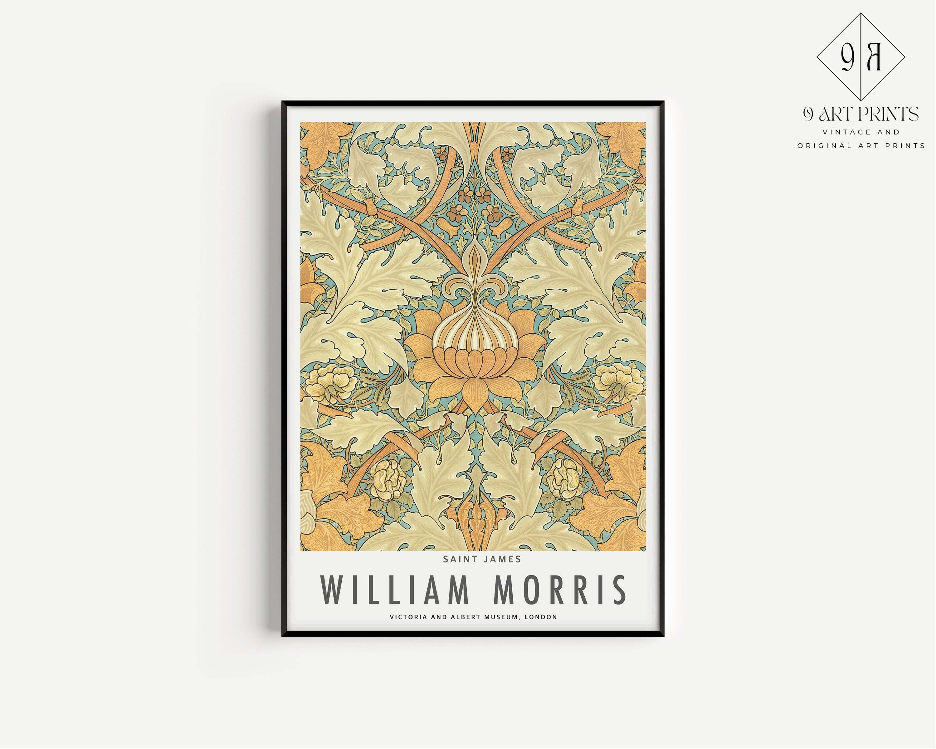 Set of 3 William Morris Prints Orange Blue Peach Museum Exhibition Art Nouveau Flower Pattern Flower Ready to hang Framed Home Office Decor - 9ArtPrints