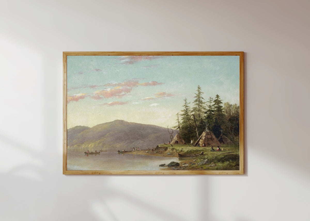 Framed art print of Chippewa Encampment on the Upper Mississippi by Seth Eastman, in a light wood frame on a sunlit white wall